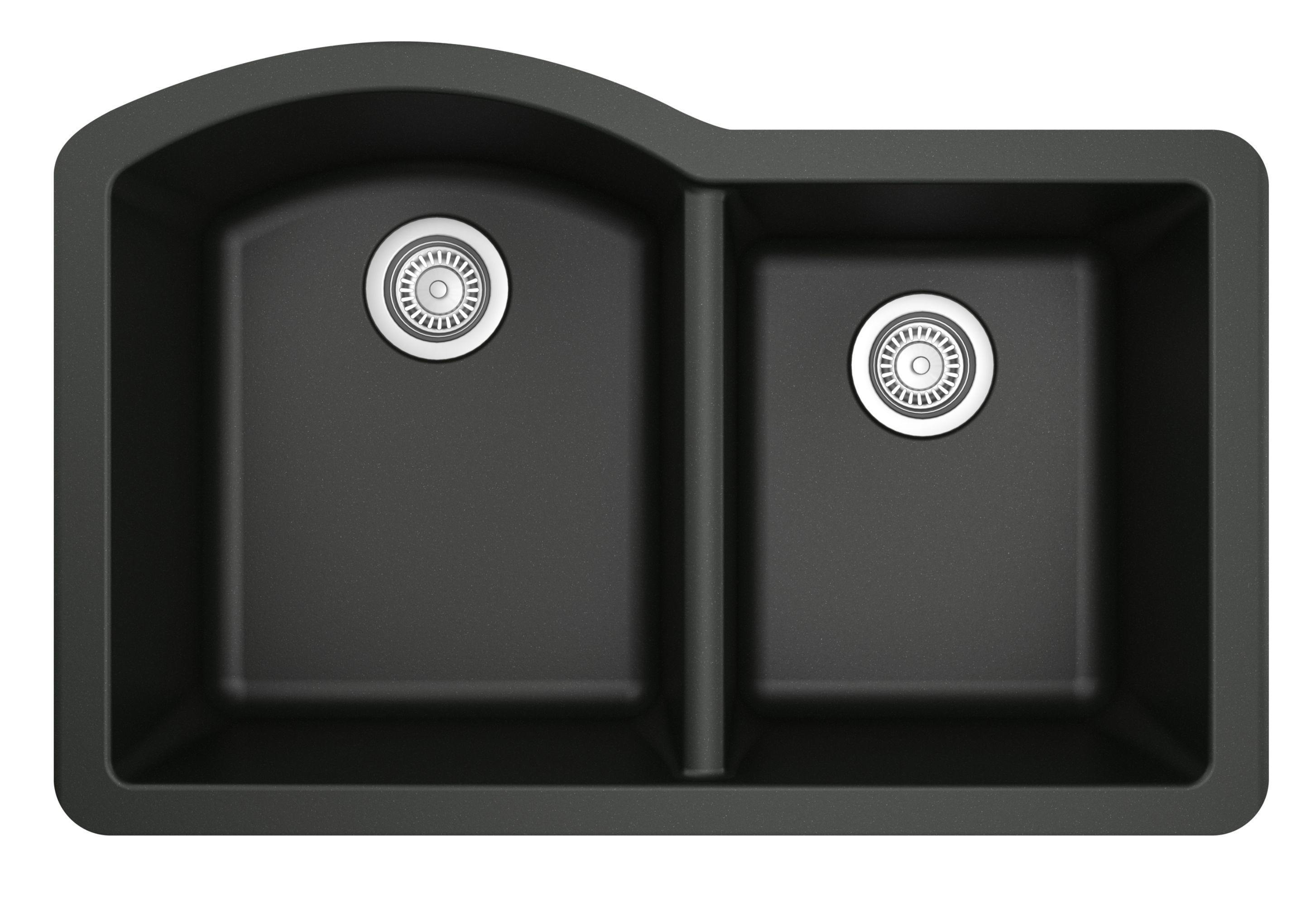 Karran 32" Undermount Quartz Composite Kitchen Sink, 60/40 Double Bowl, Black, QU-610-BL-PK1
