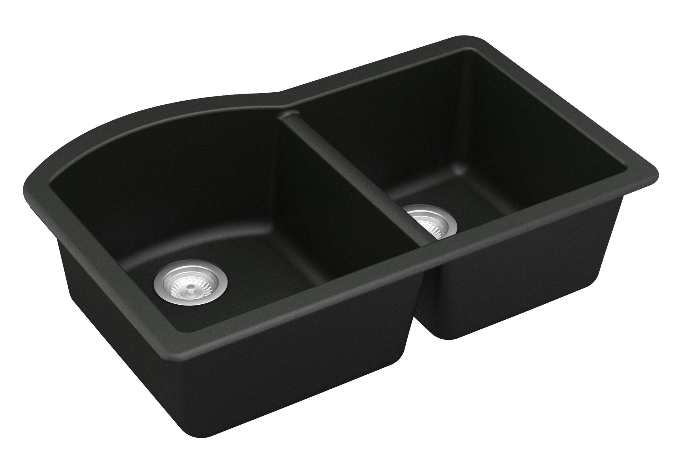Karran 32" Undermount Quartz Composite Kitchen Sink, 60/40 Double Bowl, Black, QU-610-BL-PK1