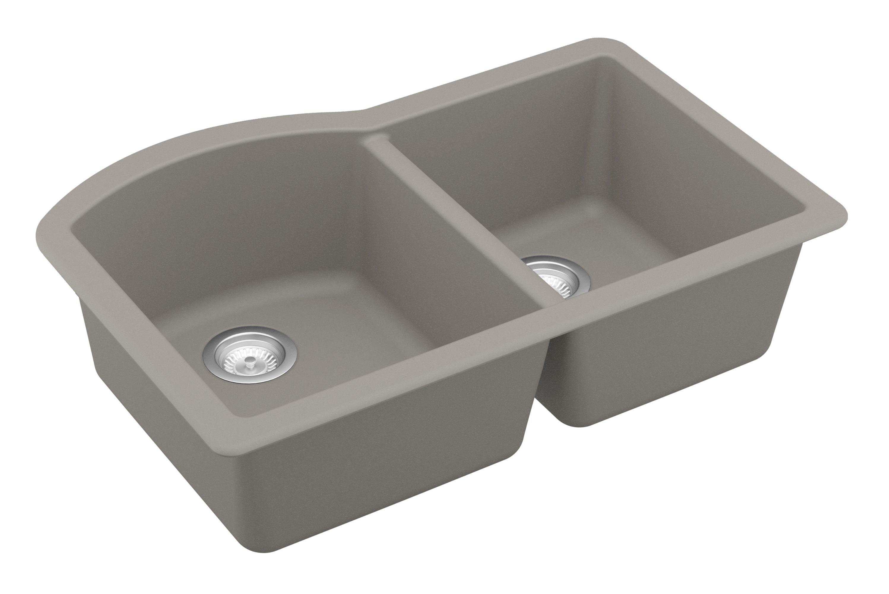 Karran 32" Undermount Quartz Composite Kitchen Sink, 60/40 Double Bowl, Concrete, QU-610-CN-PK1