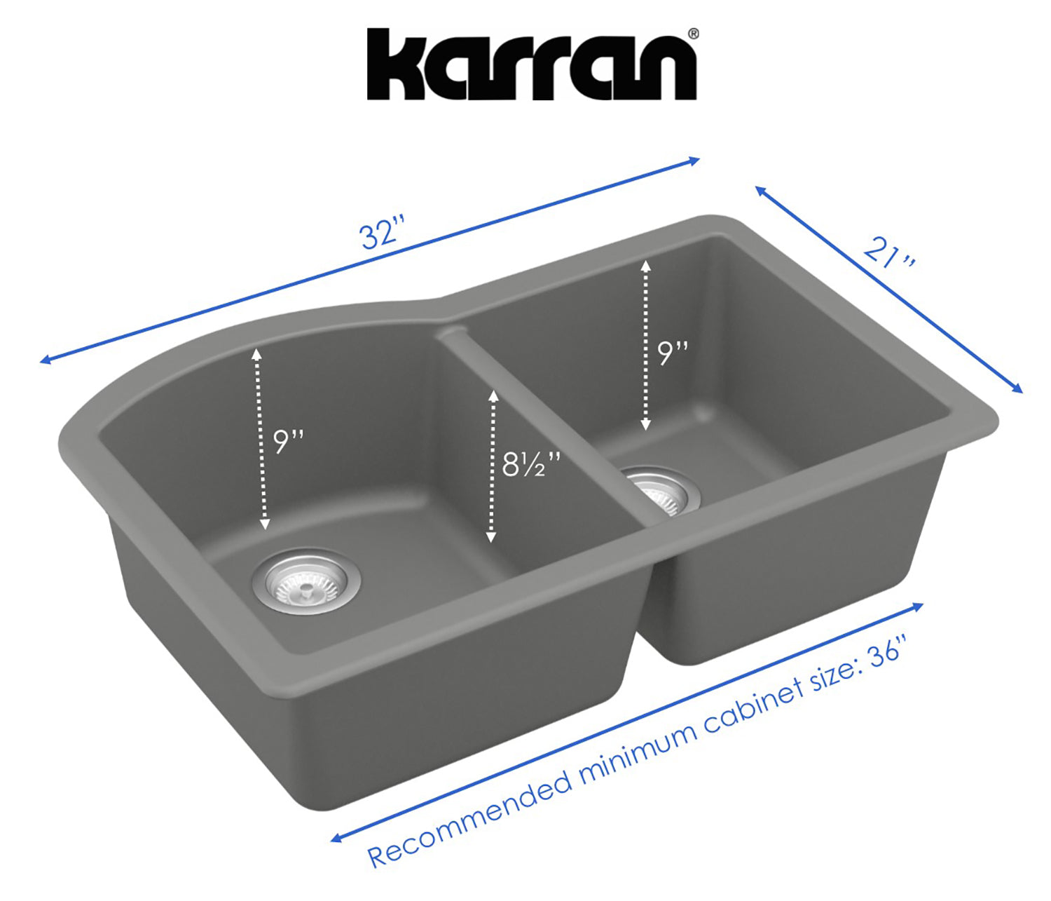 Karran 32" Undermount Quartz Composite Kitchen Sink, 60/40 Double Bowl, Grey, QU-610-GR
