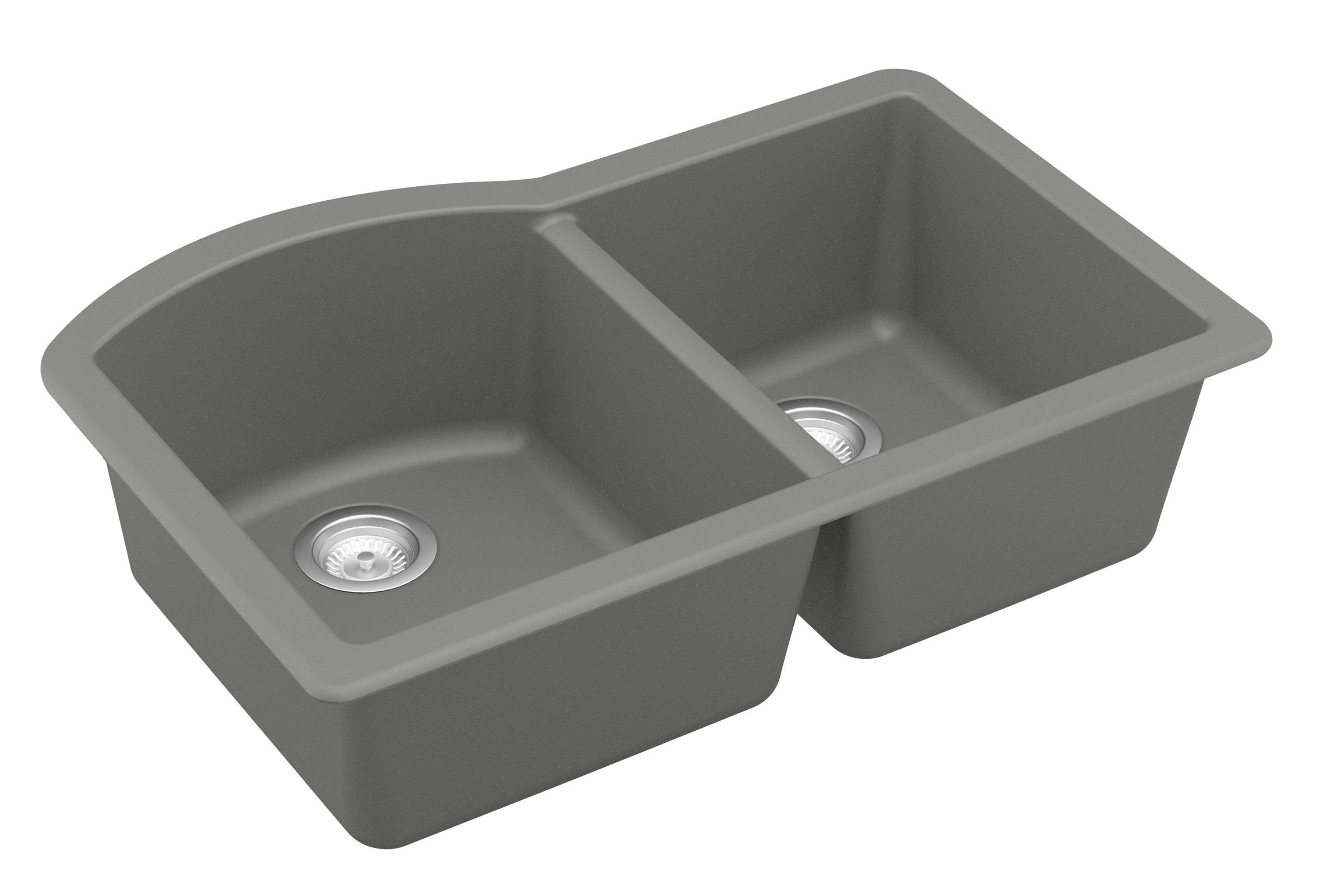 Karran 32" Undermount Quartz Composite Kitchen Sink, 60/40 Double Bowl, Grey, QU-610-GR-PK1