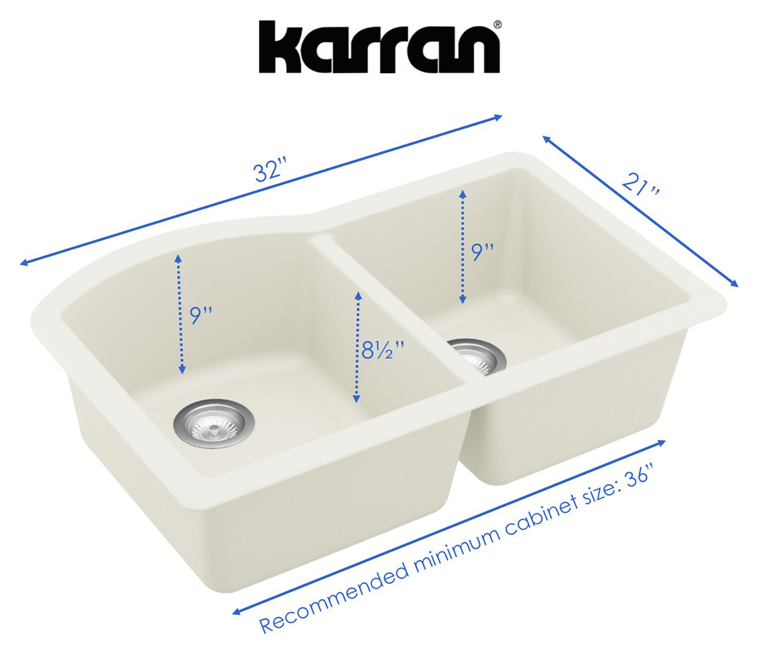 Karran 32" Undermount Quartz Composite Kitchen Sink, 60/40 Double Bowl, White, QU-610-WH