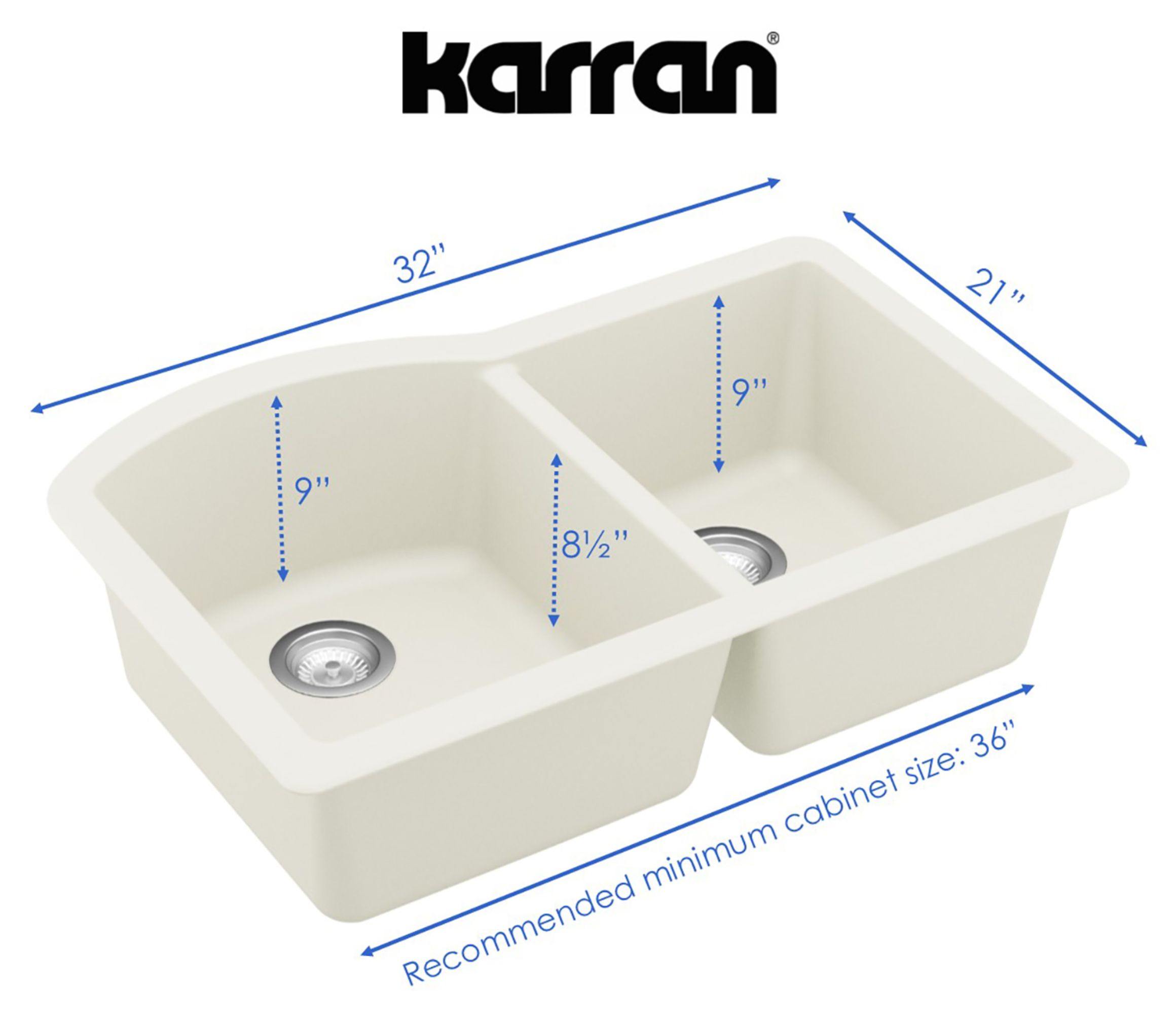 Karran 32" Undermount Quartz Composite Kitchen Sink, 60/40 Double Bowl, White, QU-610-WH-PK1