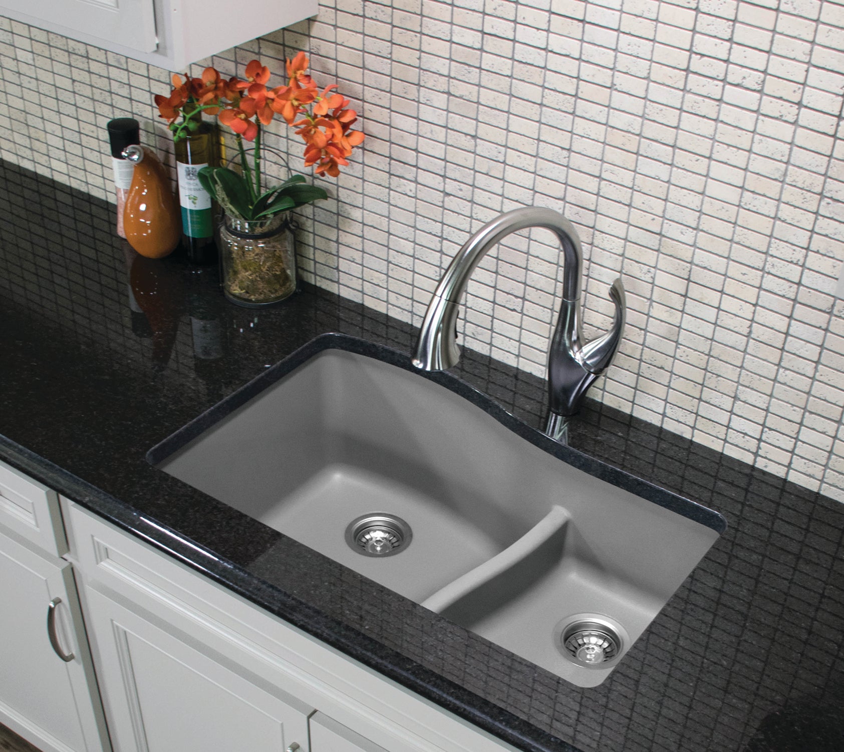 Karran 32" Undermount Quartz Composite Kitchen Sink, 60/40 Double Bowl, Grey, QU-630-GR