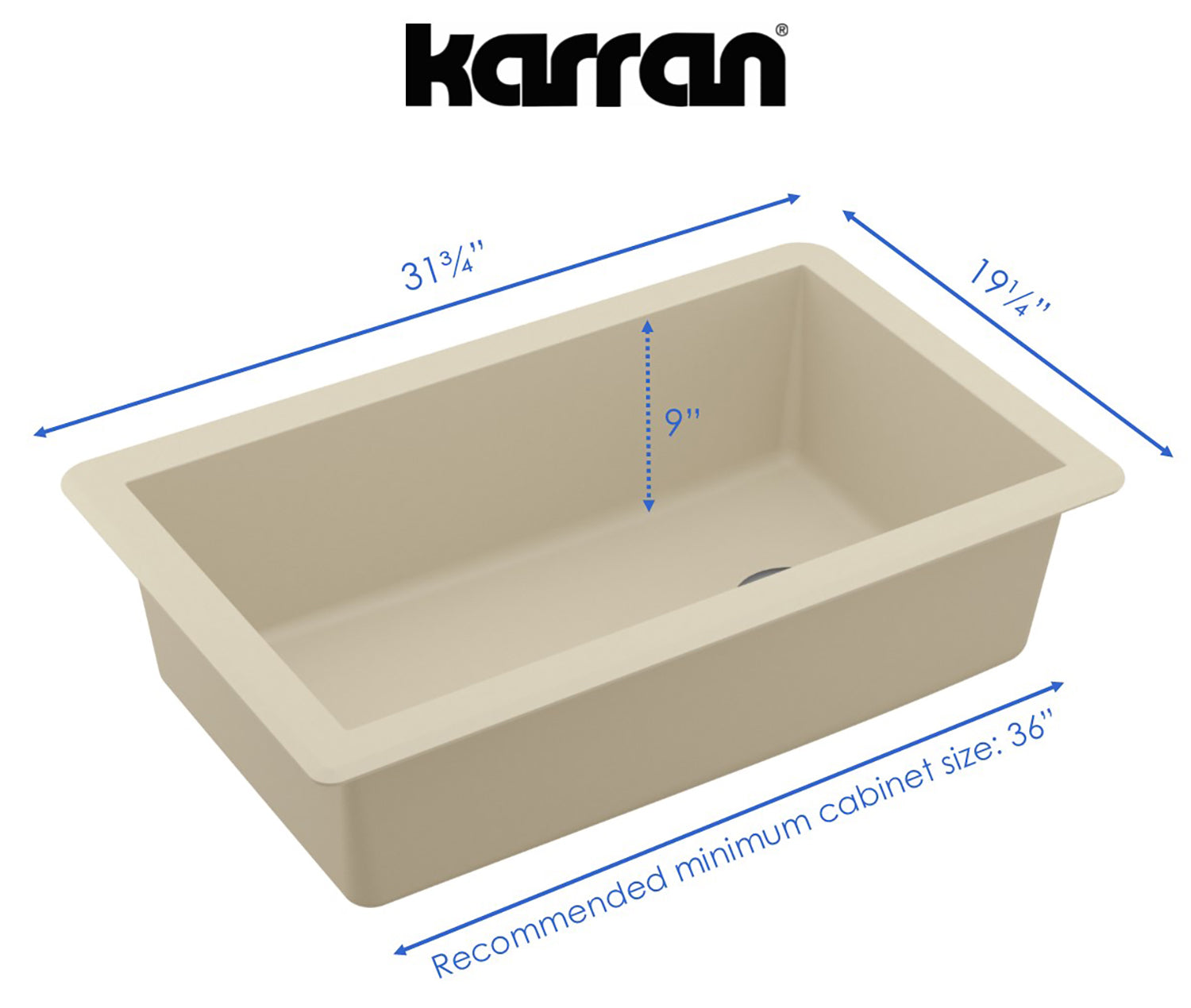 Karran 32" Undermount Quartz Composite Kitchen Sink, Bisque, QU-670-BI