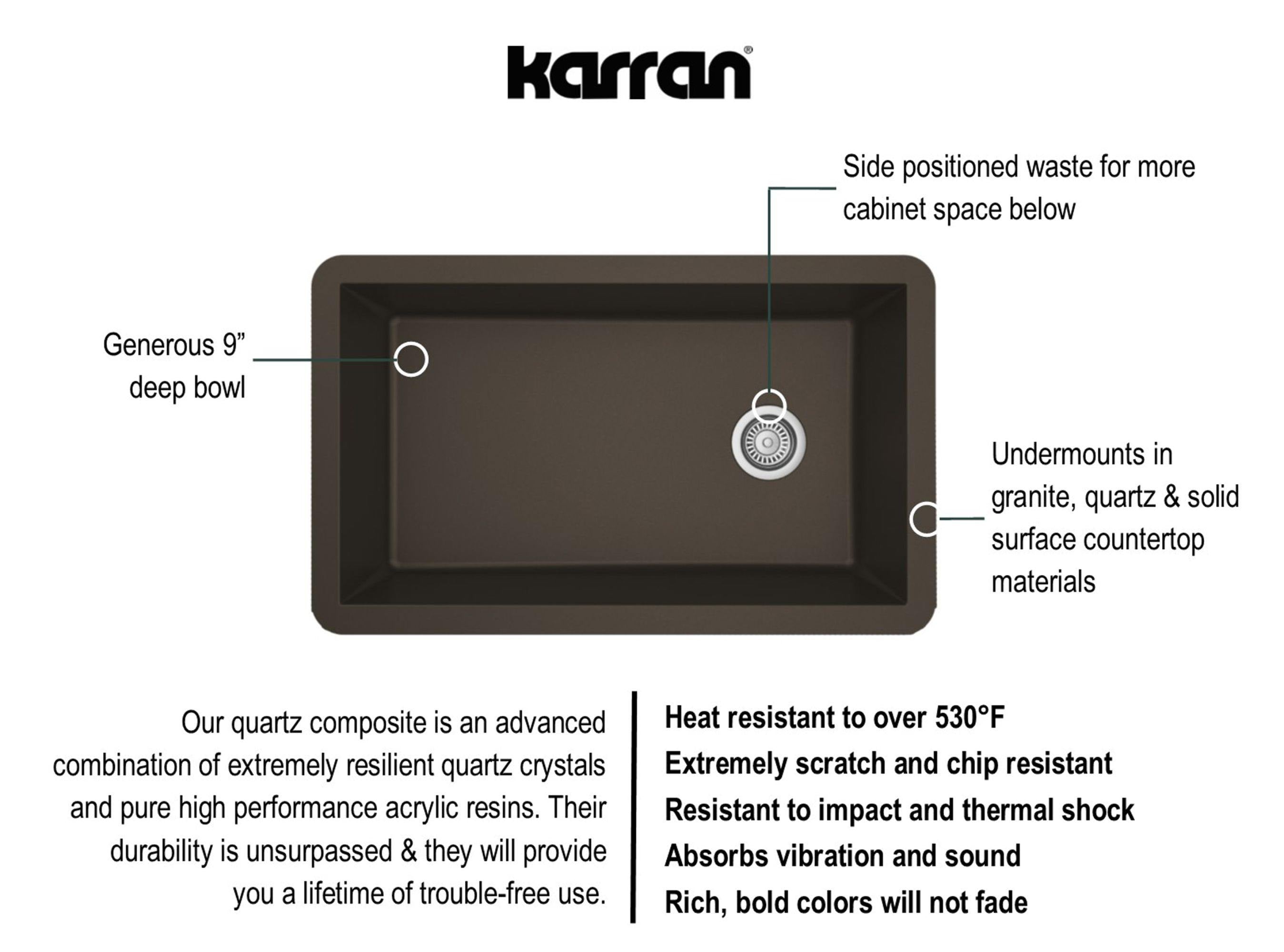 Karran 32" Undermount Quartz Composite Kitchen Sink, Brown, QU-670-BR-PK1