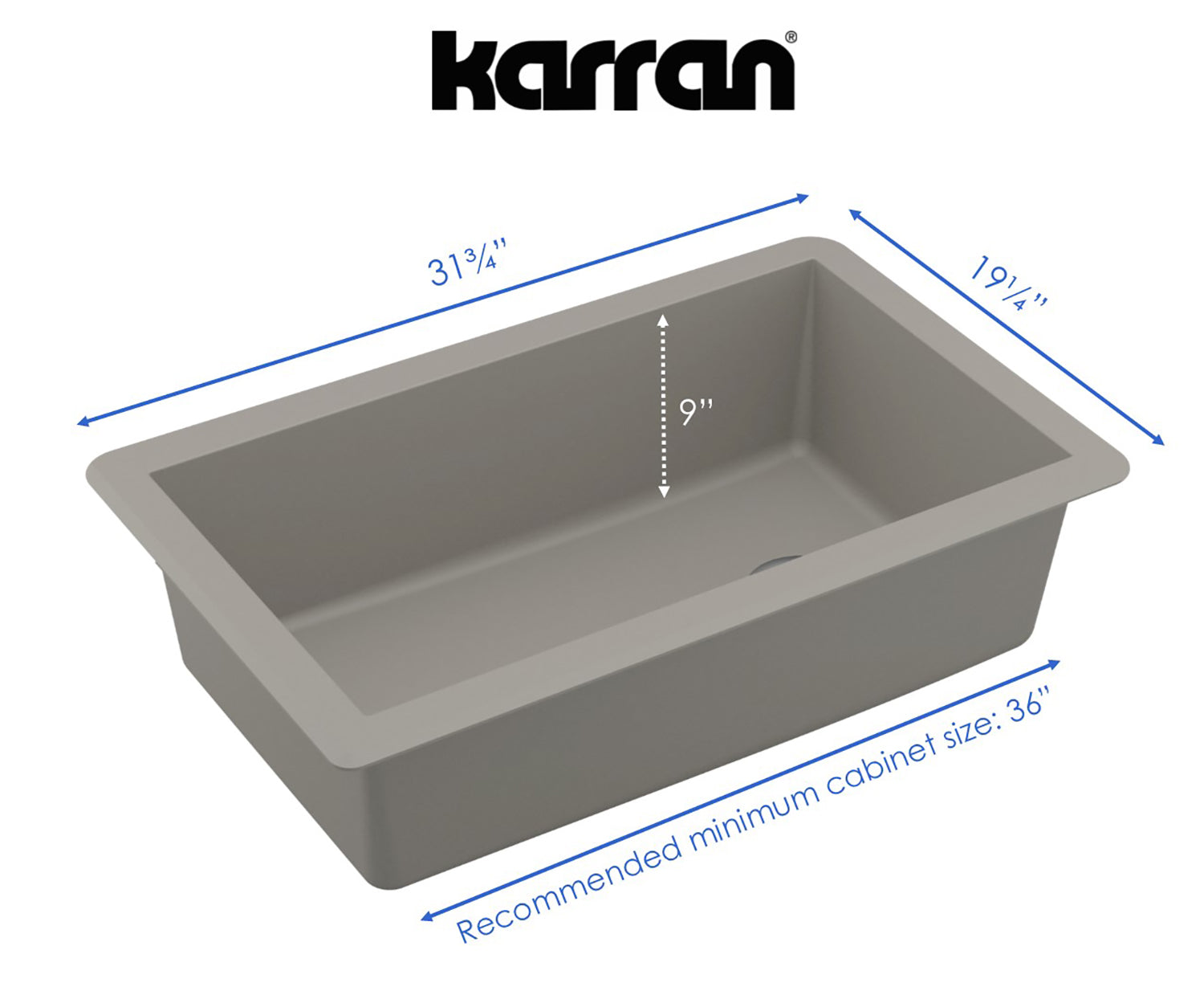 Karran 32" Undermount Quartz Composite Kitchen Sink, Concrete, QU-670-CN