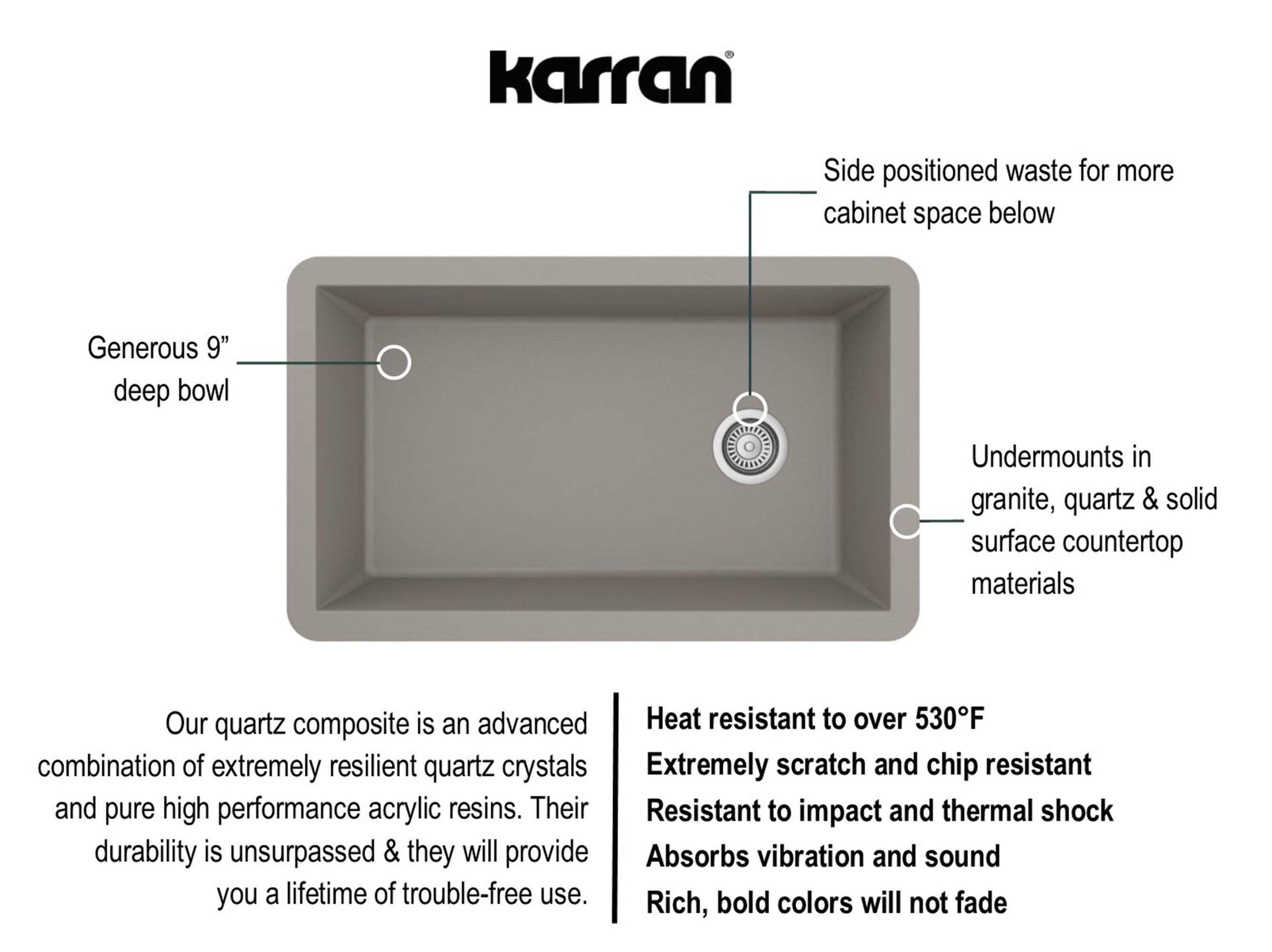 Karran 32" Undermount Quartz Composite Kitchen Sink, Concrete, QU-670-CN-PK1
