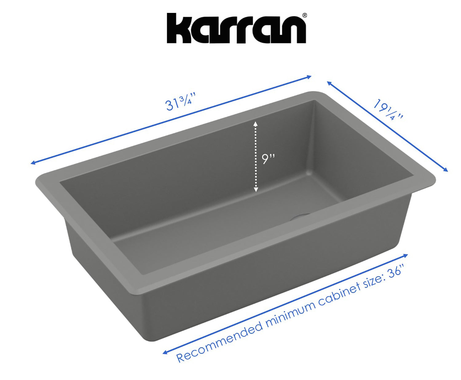 Karran 32" Undermount Quartz Composite Kitchen Sink, Grey, QU-670-GR