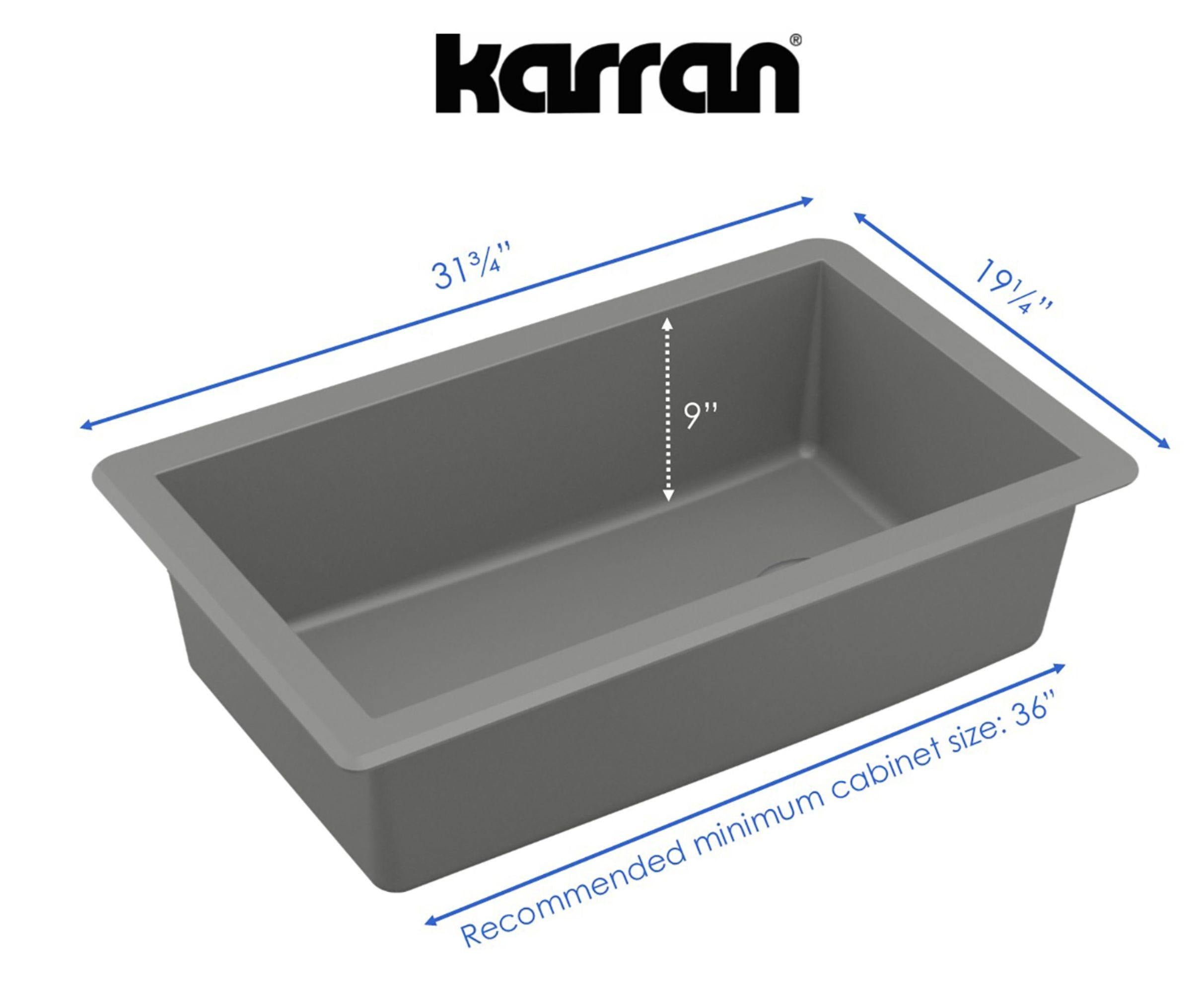 Karran 32" Undermount Quartz Composite Kitchen Sink, Grey, QU-670-GR-PK1
