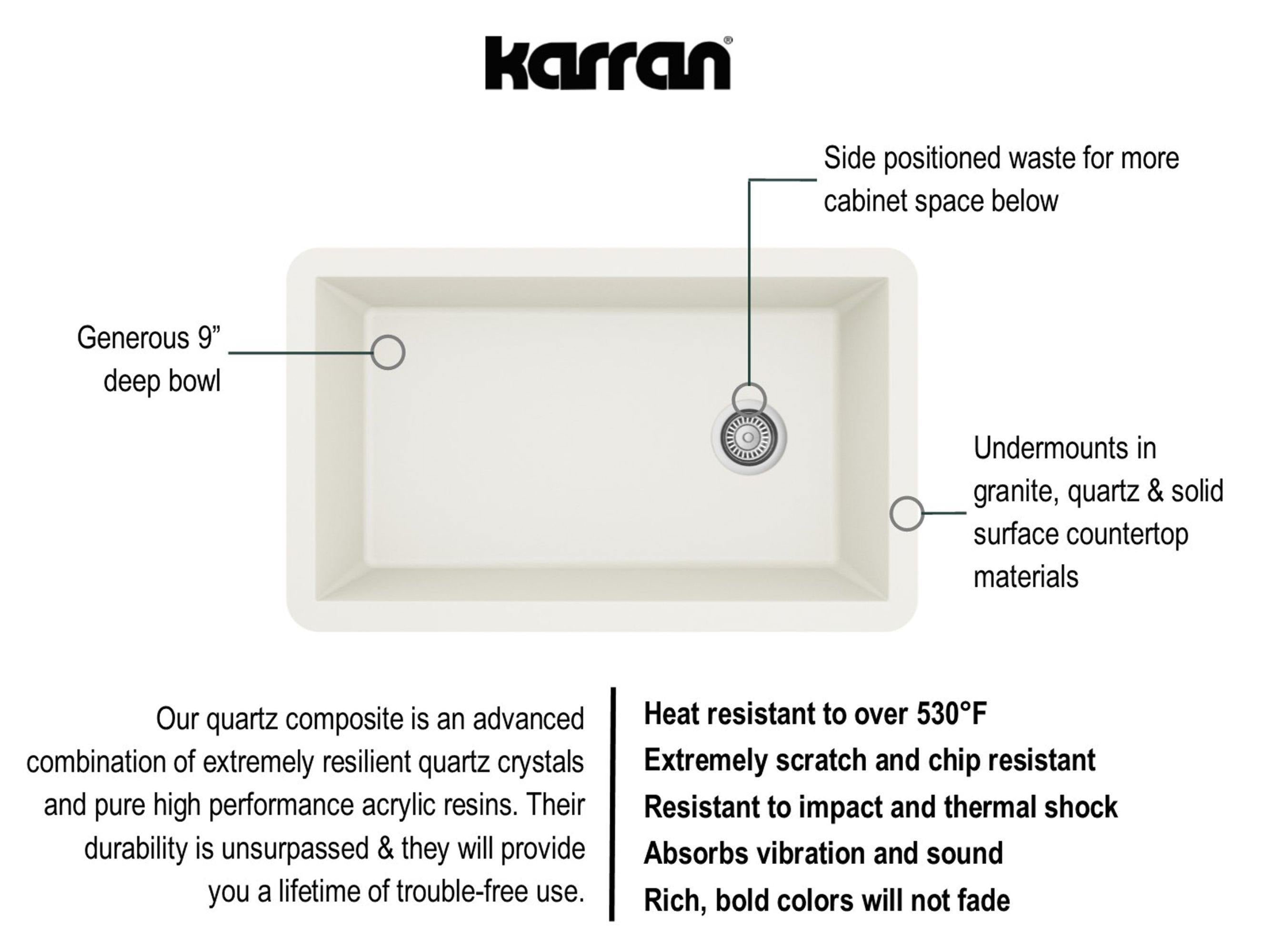 Karran 32" Undermount Quartz Composite Kitchen Sink, White, QU-670-WH-PK1