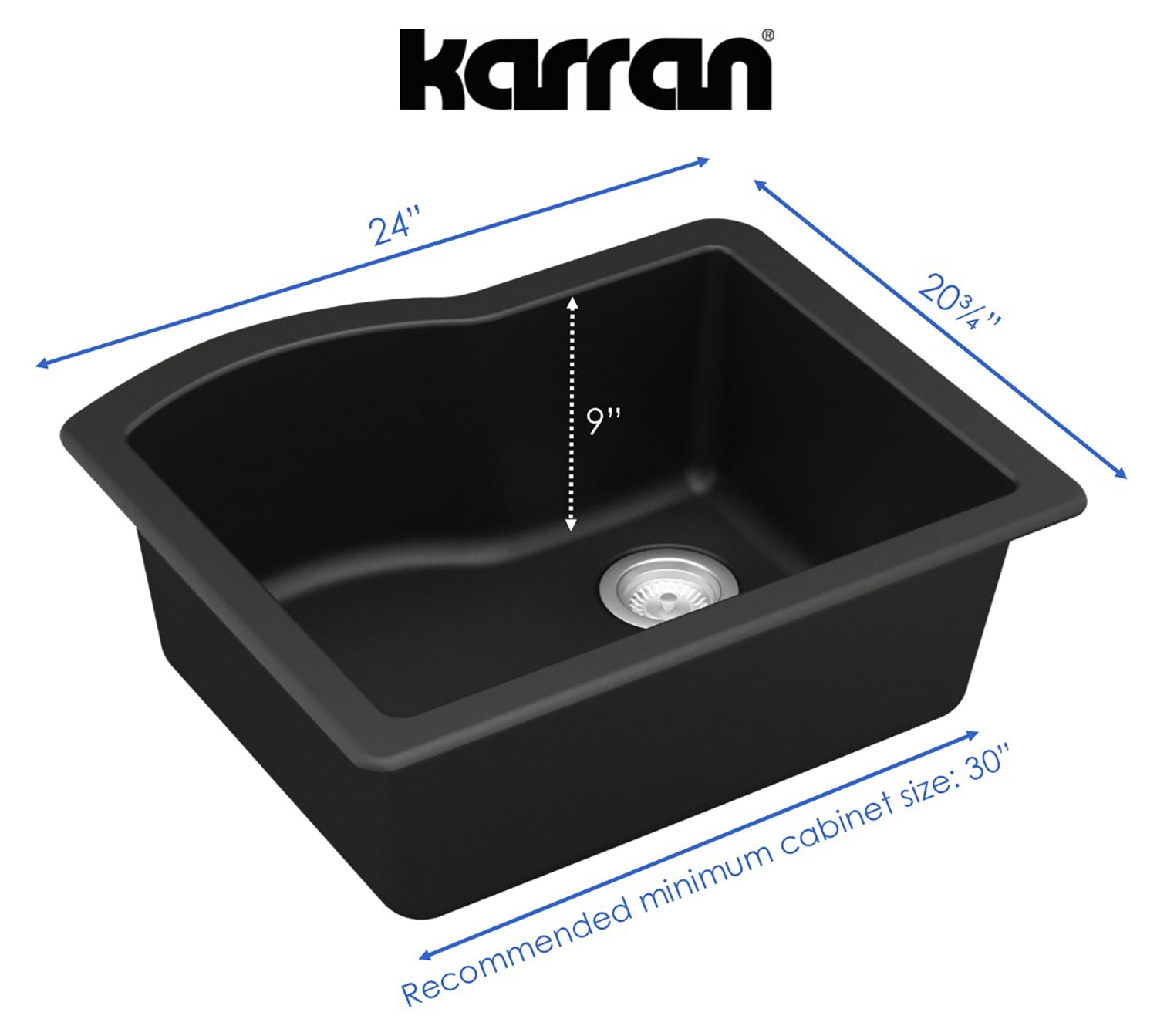 Karran 24" Undermount Quartz Composite Kitchen Sink, Black, QU-671-BL