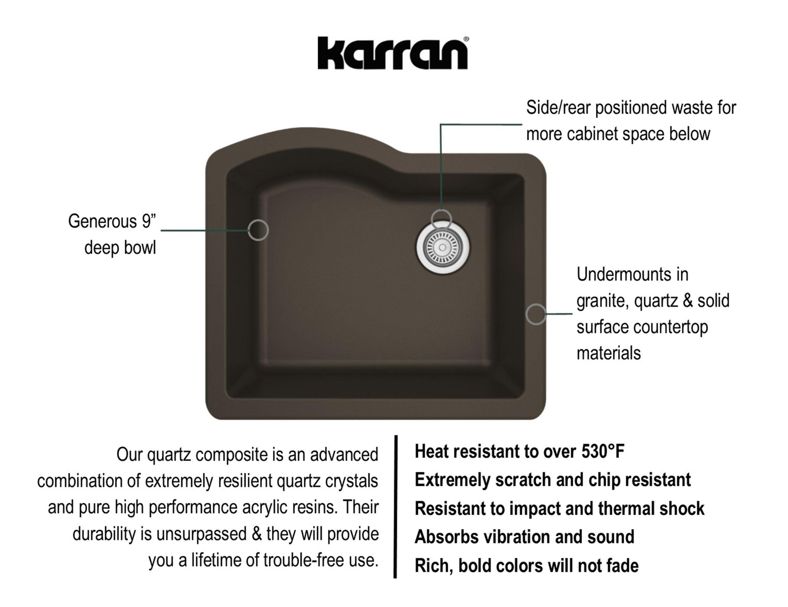 Karran 24" Undermount Quartz Composite Kitchen Sink, Brown, QU-671-BR-PK1