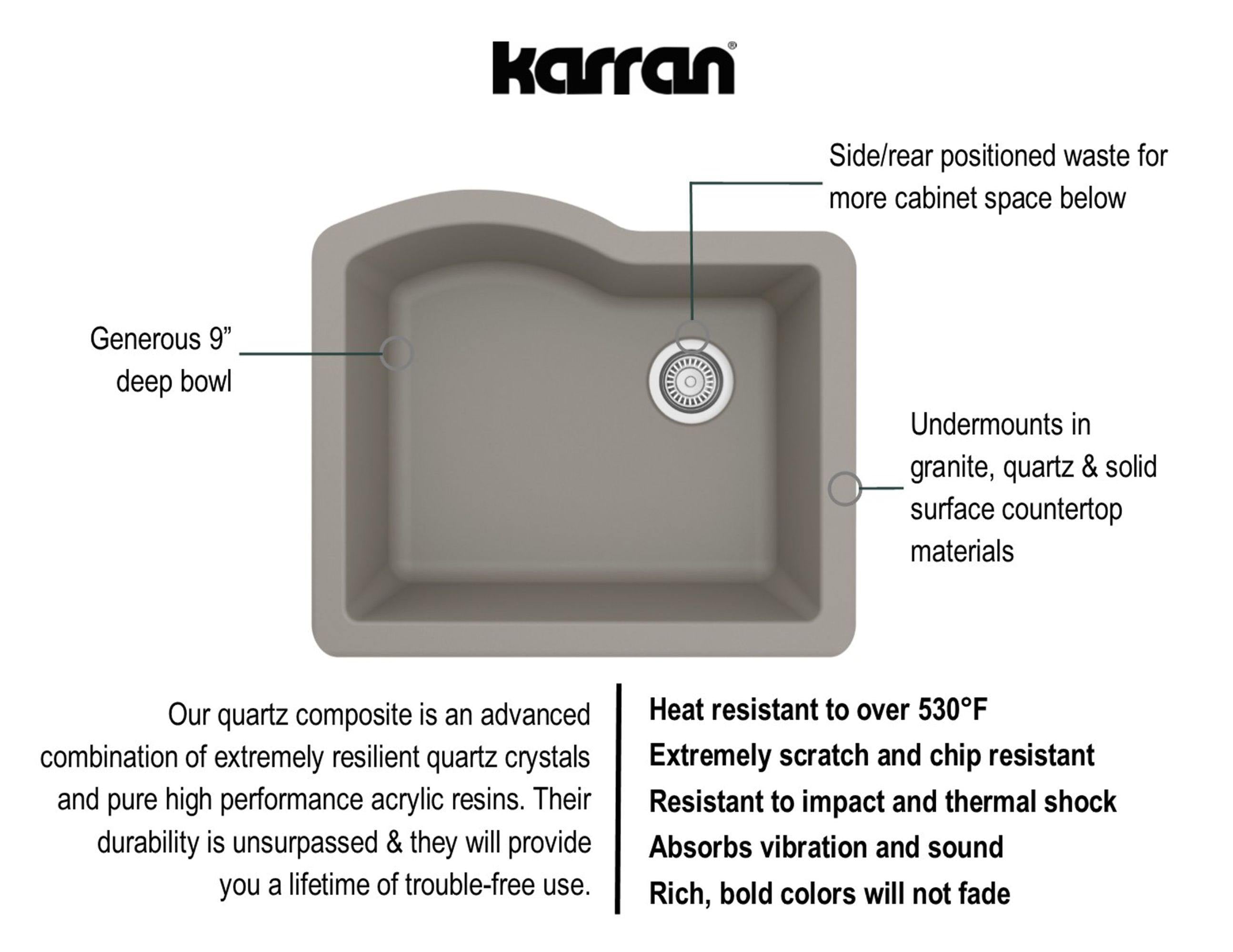 Karran 24" Undermount Quartz Composite Kitchen Sink, Concrete, QU-671-CN-PK1