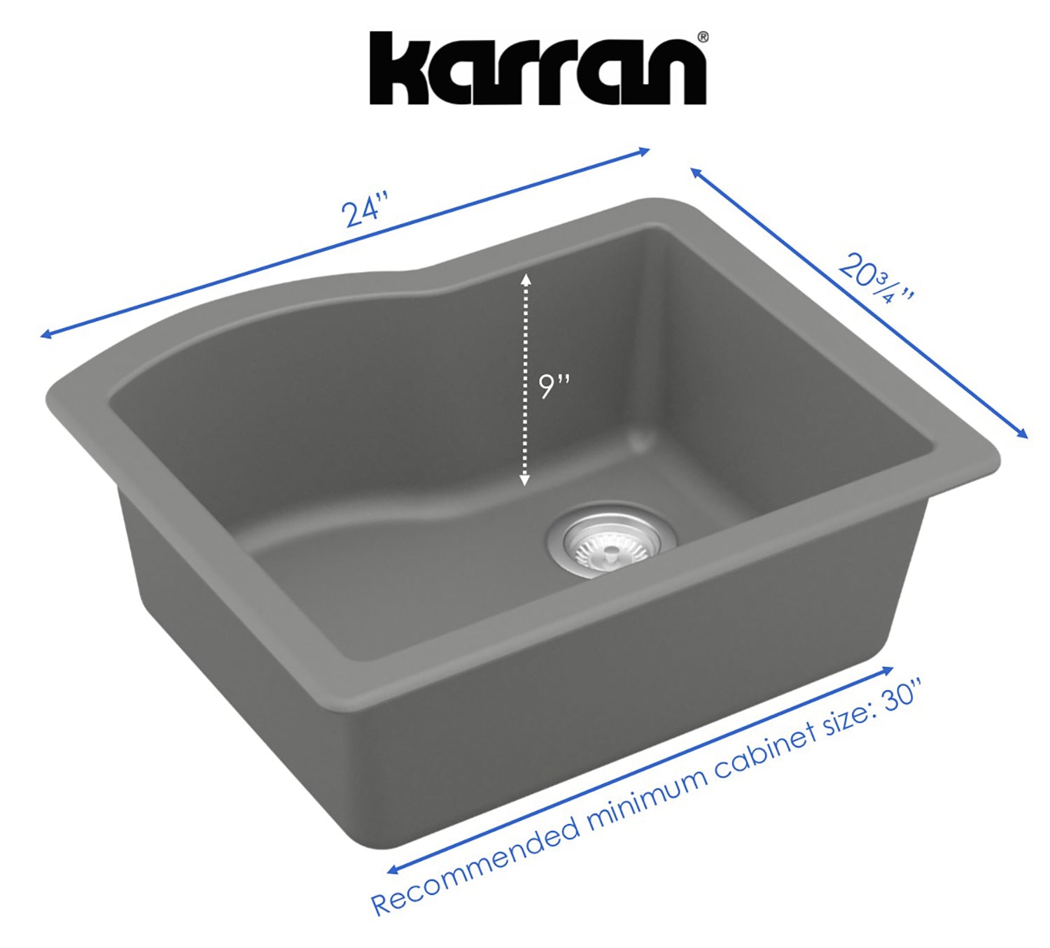 Karran 24" Undermount Quartz Composite Kitchen Sink, Grey, QU-671-GR
