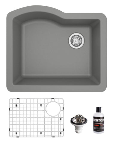 Karran 24" Undermount Quartz Composite Kitchen Sink, Grey, QU-671-GR-PK1