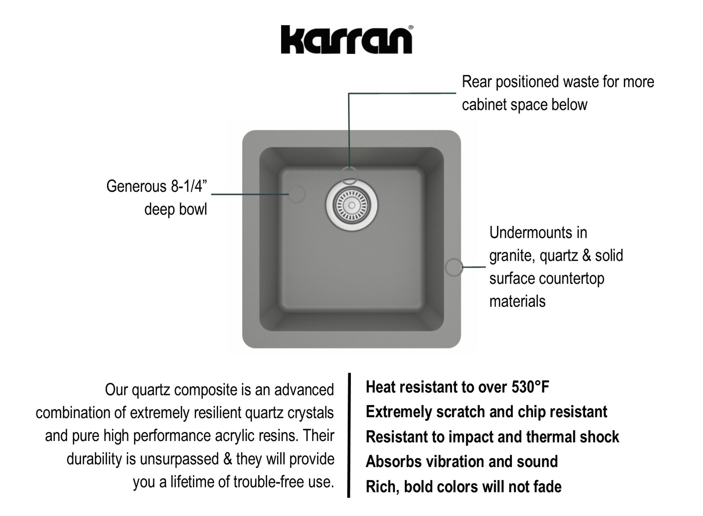 Karran 17" Undermount Quartz Composite Kitchen Sink, Grey, QU-690-GR