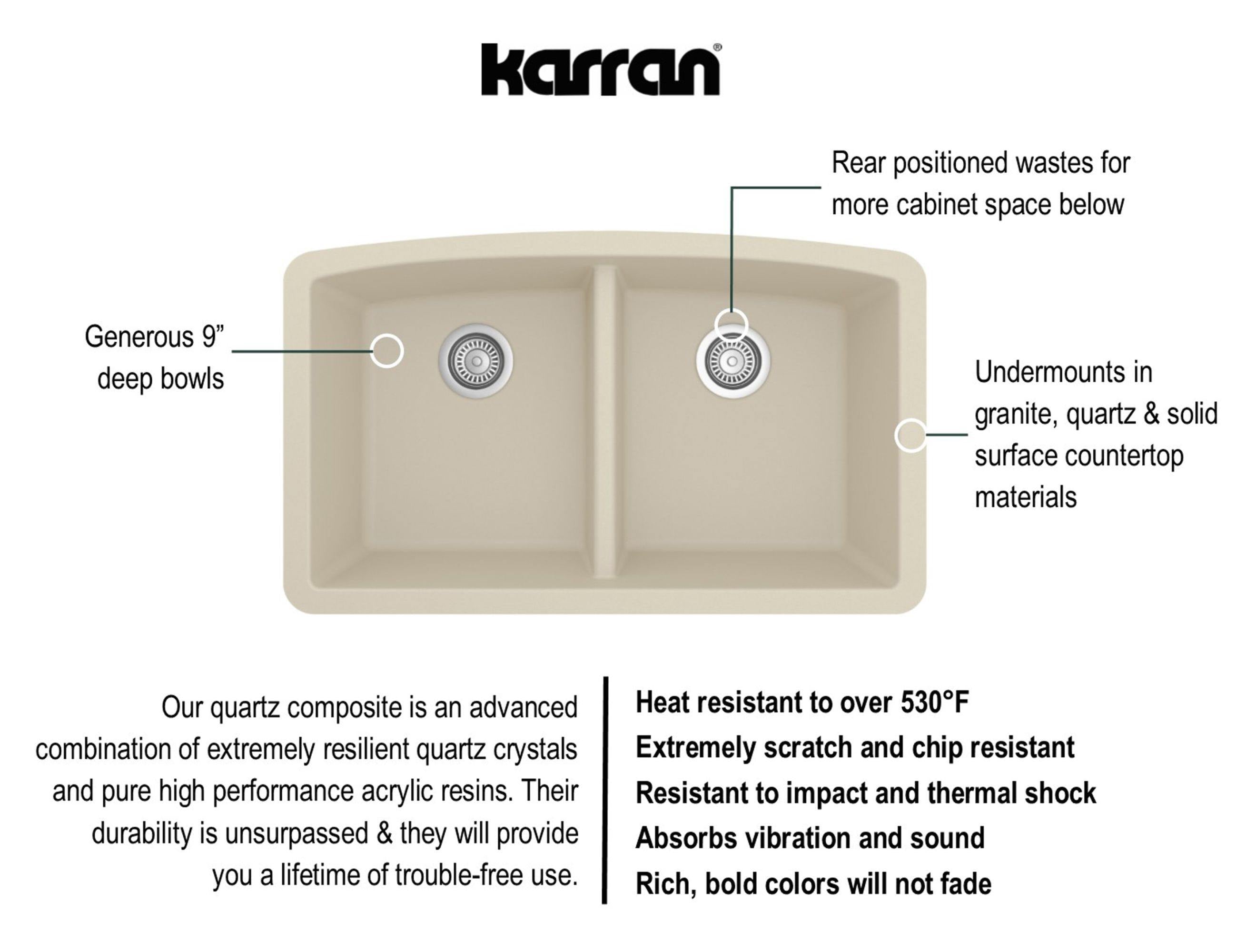 Karran 33" Undermount Quartz Composite Kitchen Sink, 50/50 Double Bowl, Bisque, QU-710-BI-PK1