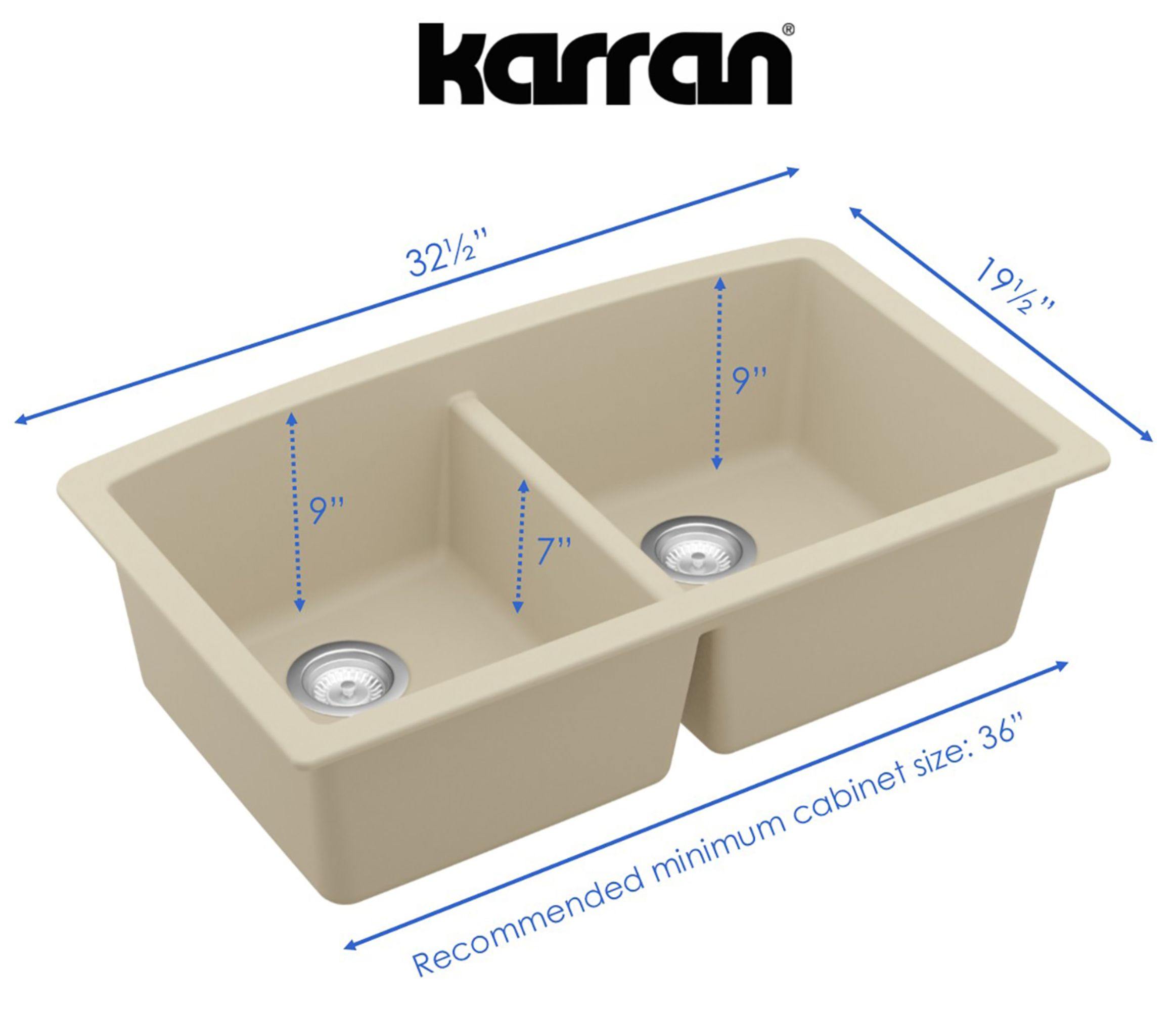 Karran 33" Undermount Quartz Composite Kitchen Sink, 50/50 Double Bowl, Bisque, QU-710-BI-PK1
