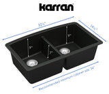 Karran 33" Undermount Quartz Composite Kitchen Sink, 50/50 Double Bowl, Black, QU-710-BL