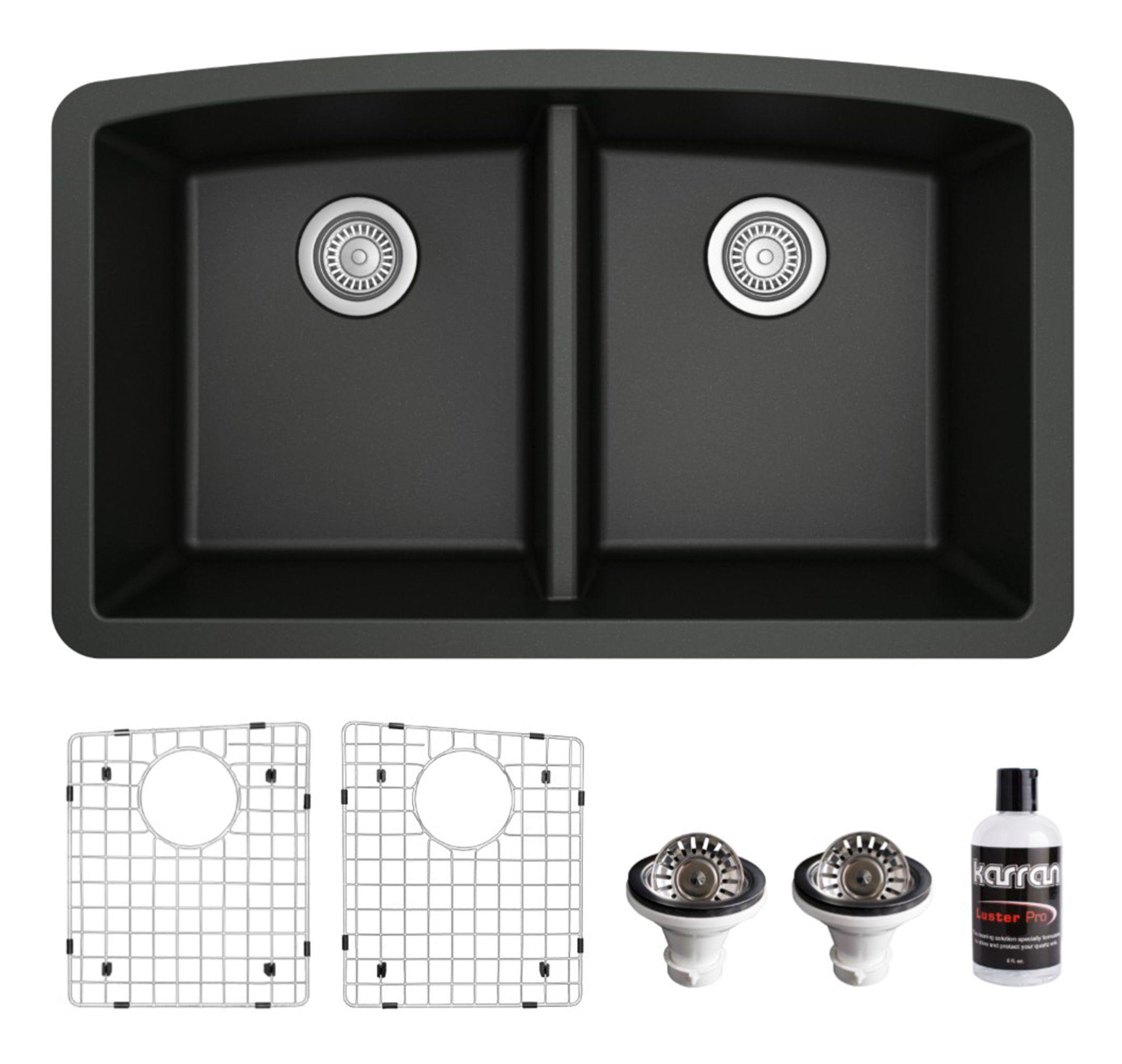 Karran 33" Undermount Quartz Composite Kitchen Sink, 50/50 Double Bowl, Black, QU-710-BL-PK1