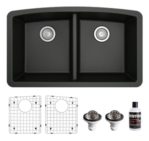 Alternate Image for Karran 33" Undermount Quartz Composite Kitchen Sink, 50/50 Double Bowl, Black, QU-710-BL-PK1