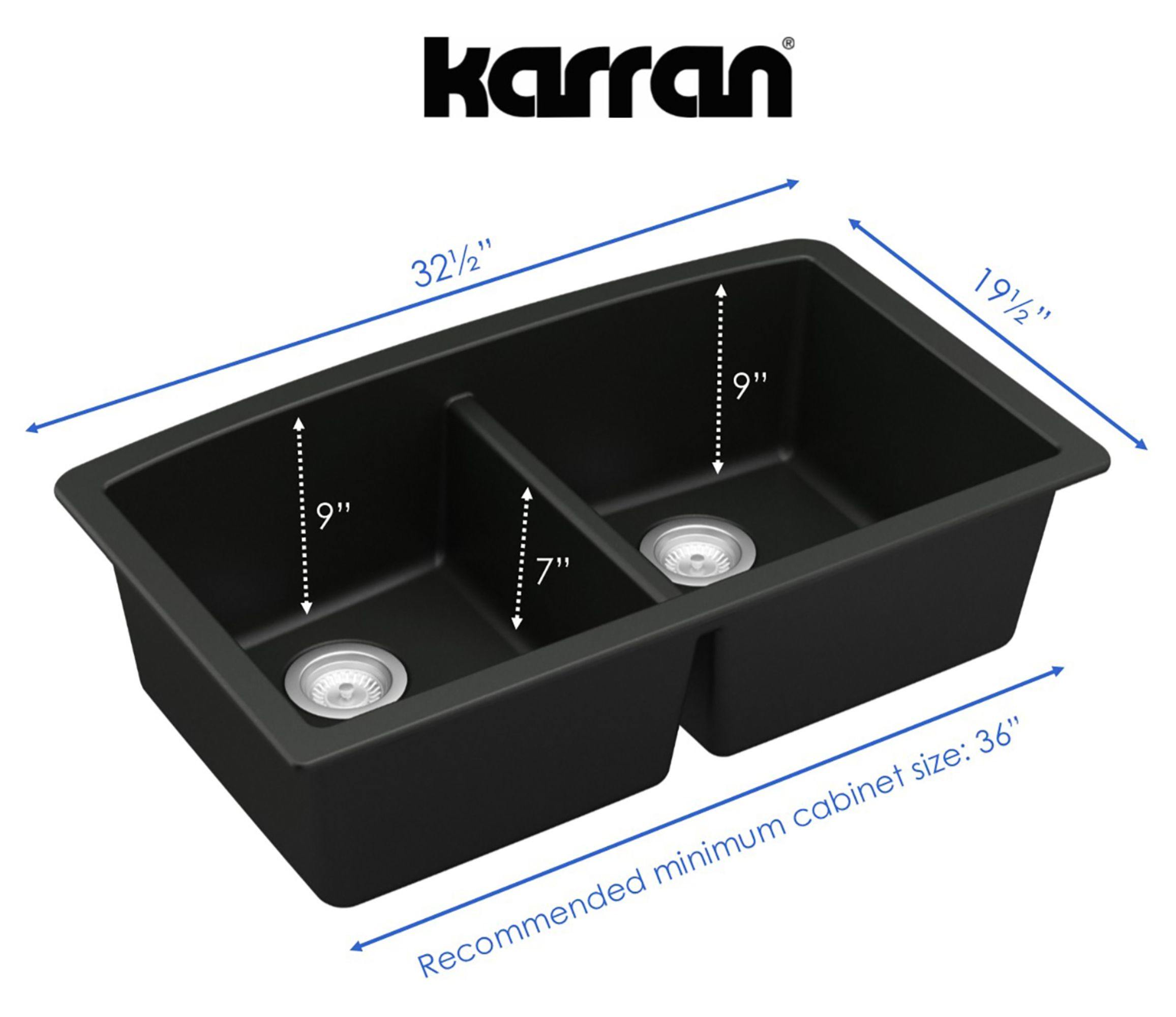 Karran 33" Undermount Quartz Composite Kitchen Sink, 50/50 Double Bowl, Black, QU-710-BL-PK1