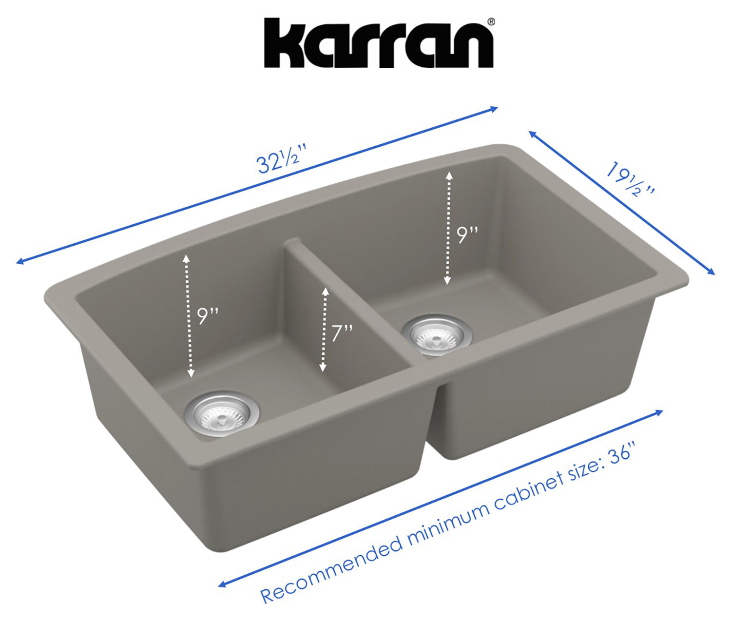 Karran 33" Undermount Quartz Composite Kitchen Sink, 50/50 Double Bowl, Concrete, QU-710-CN