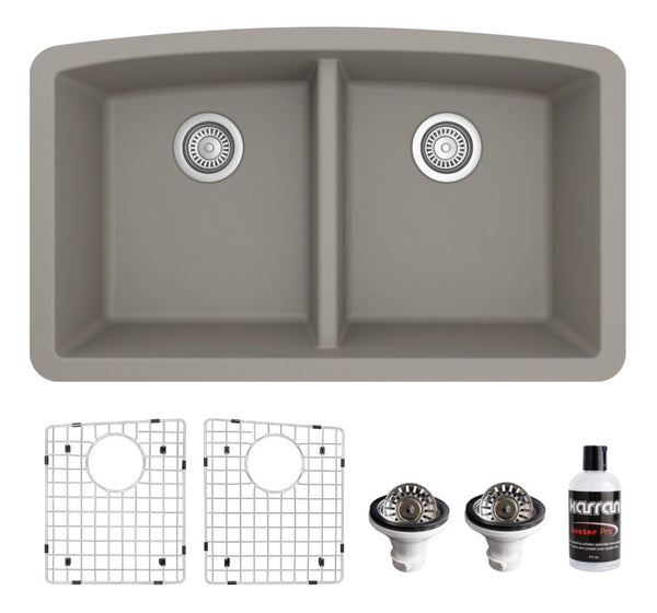 Karran 33" Undermount Quartz Composite Kitchen Sink, 50/50 Double Bowl, Concrete, QU-710-CN-PK1