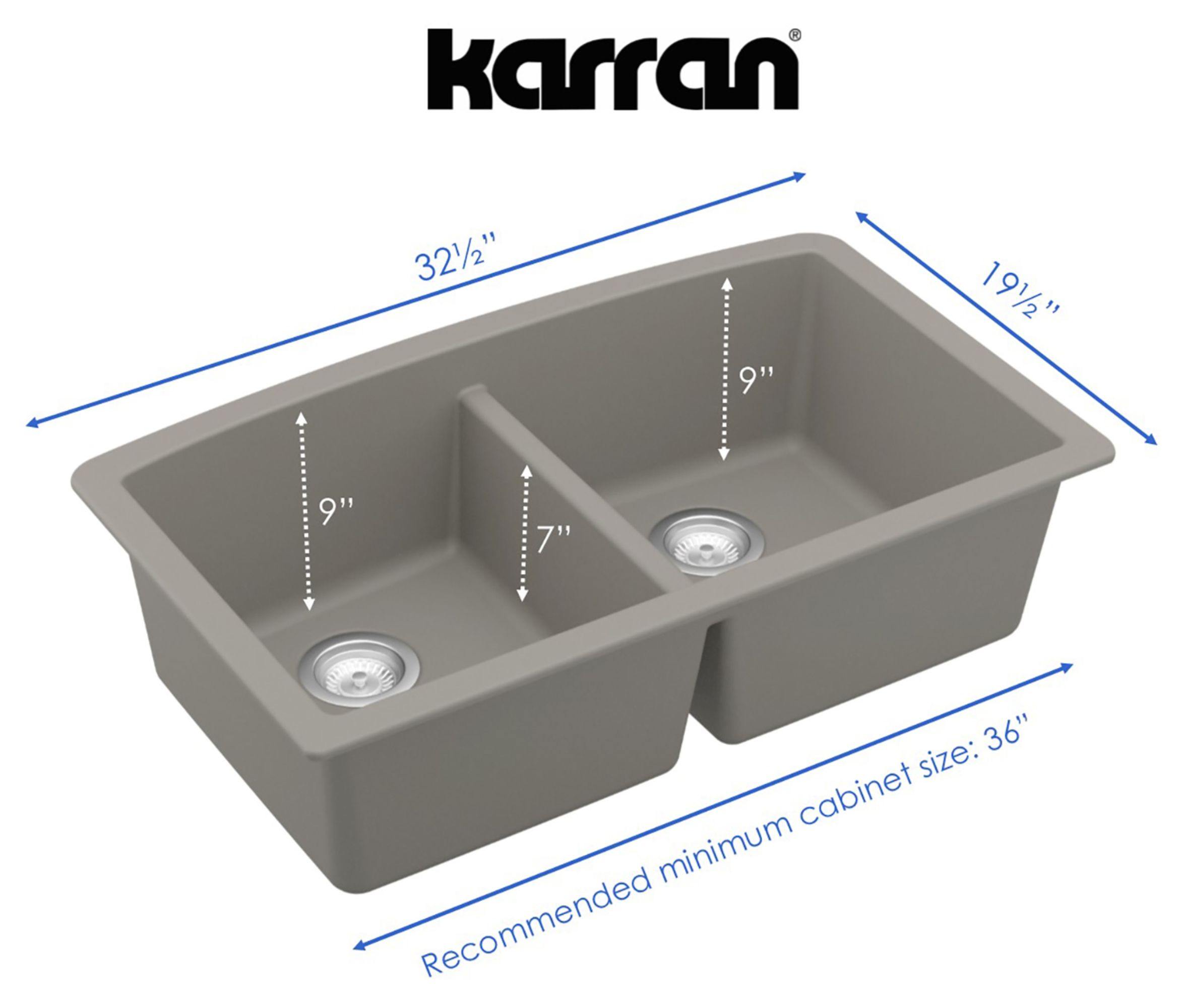 Karran 33" Undermount Quartz Composite Kitchen Sink, 50/50 Double Bowl, Concrete, QU-710-CN-PK1