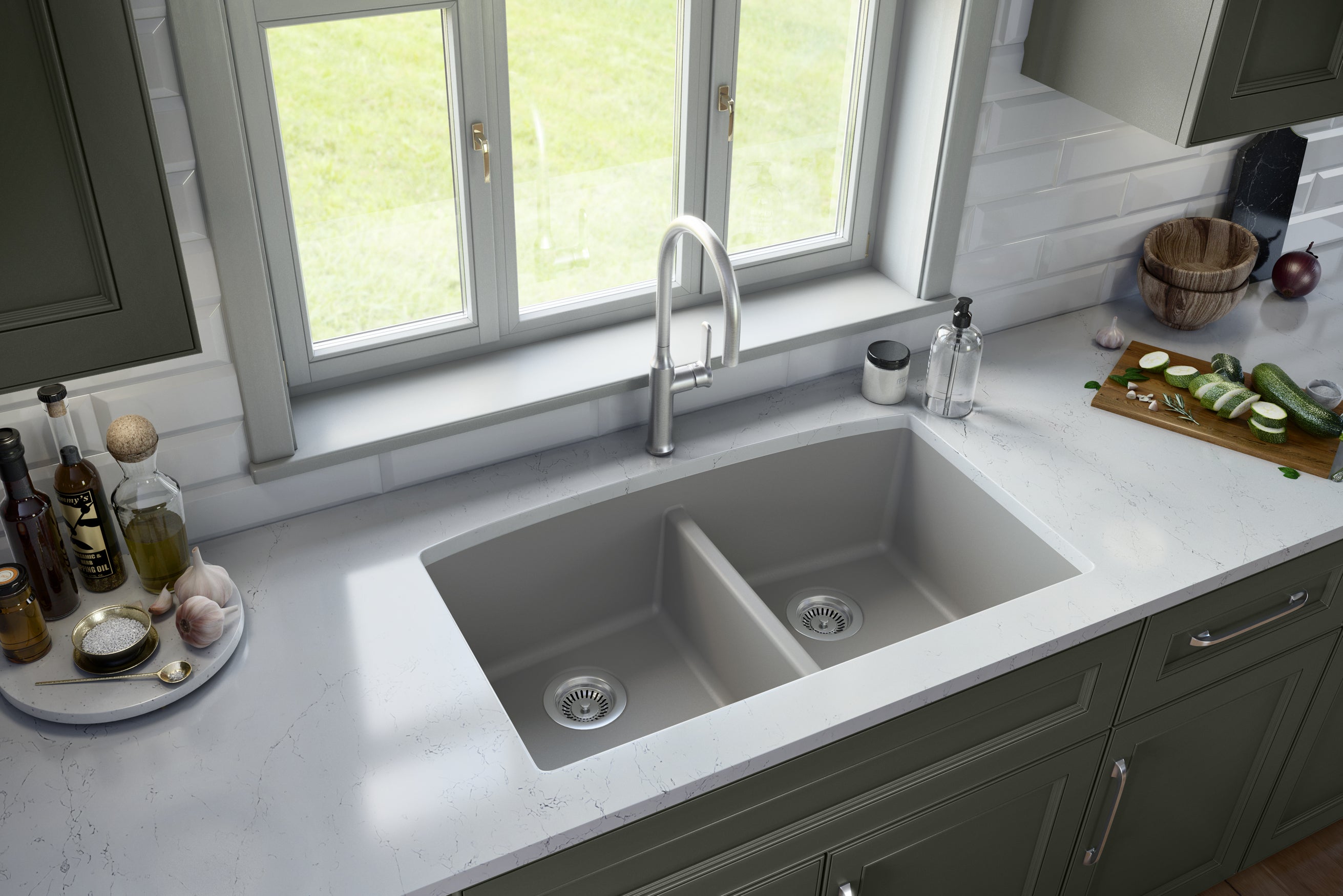 Karran 33" Undermount Quartz Composite Kitchen Sink, 50/50 Double Bowl, Grey, QU-710-GR
