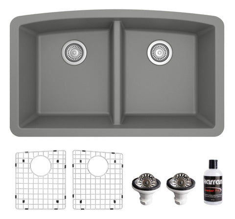 Karran 33" Undermount Quartz Composite Kitchen Sink, 50/50 Double Bowl, Grey, QU-710-GR-PK1