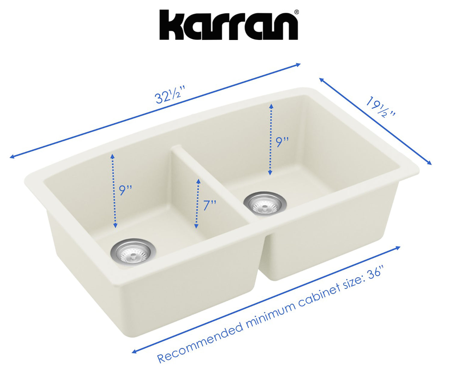 Karran 33" Undermount Quartz Composite Kitchen Sink, 50/50 Double Bowl, White, QU-710-WH