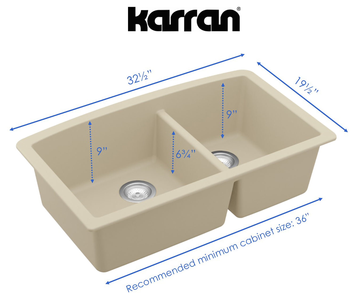 Karran 33" Undermount Quartz Composite Kitchen Sink, 60/40 Double Bowl, Bisque, QU-711-BI