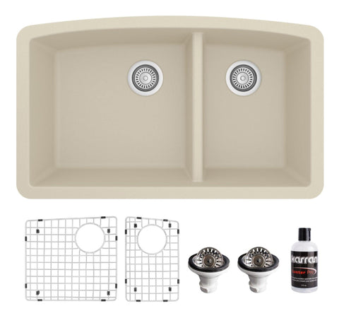 Karran 32" Undermount Quartz Composite Kitchen Sink, 60/40 Double Bowl, Bisque, QU-711-BI-PK1