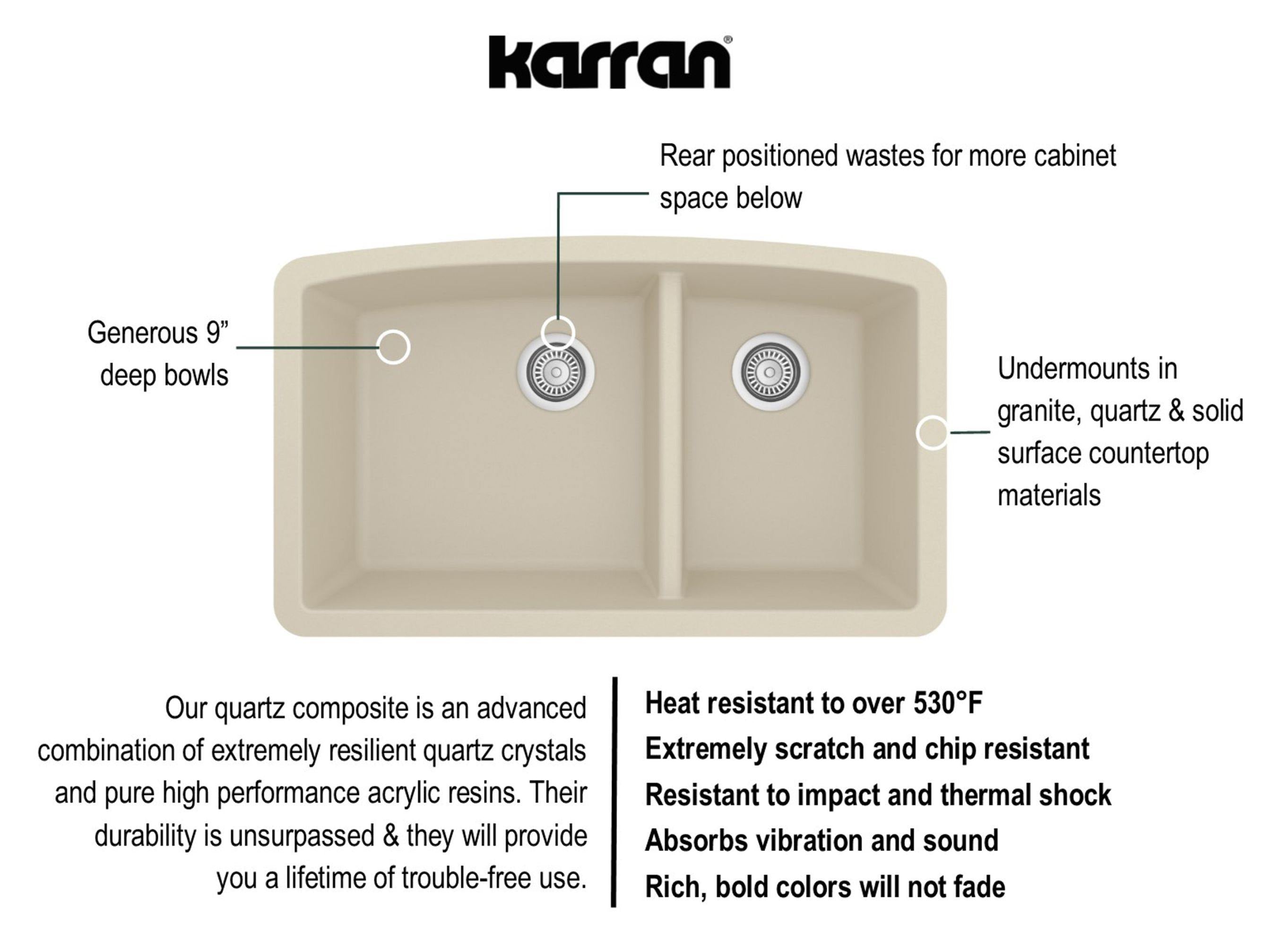 Karran 32" Undermount Quartz Composite Kitchen Sink, 60/40 Double Bowl, Bisque, QU-711-BI-PK1