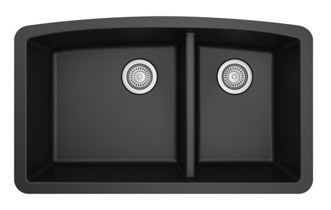 Karran 33" Undermount Quarz Composite Kitchen Sink, 60/40 Double Bowl, Black, QU-711-BL