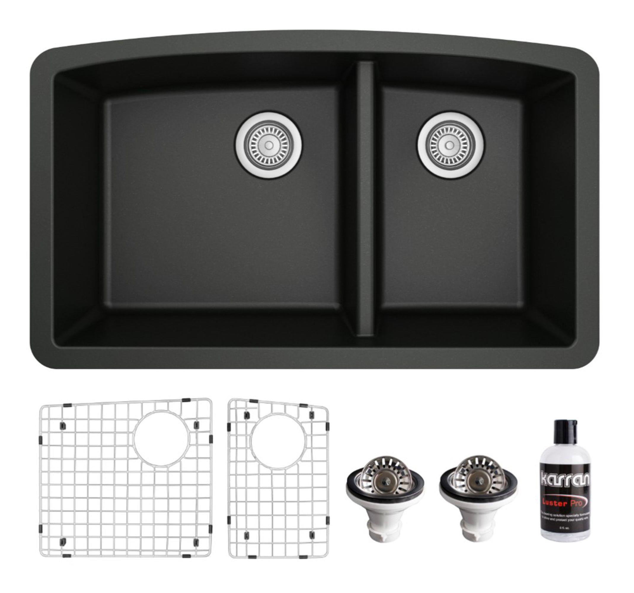 Karran 32" Undermount Quartz Composite Kitchen Sink, 60/40 Double Bowl, Black, QU-711-BL-PK1