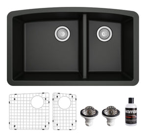 Alternate Image for Karran 32" Undermount Quartz Composite Kitchen Sink, 60/40 Double Bowl, Black, QU-711-BL-PK1