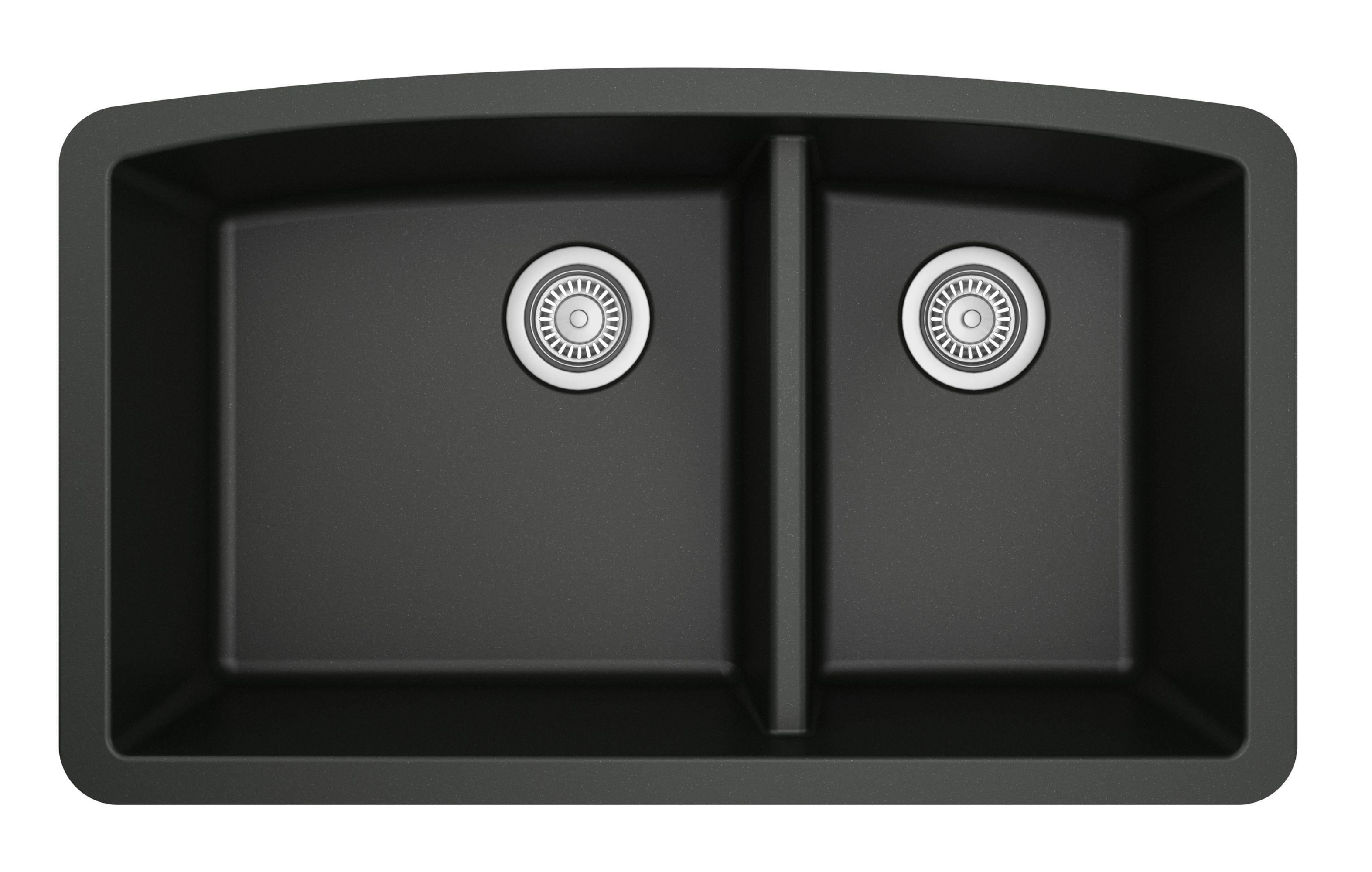 Karran 32" Undermount Quartz Composite Kitchen Sink, 60/40 Double Bowl, Black, QU-711-BL-PK1