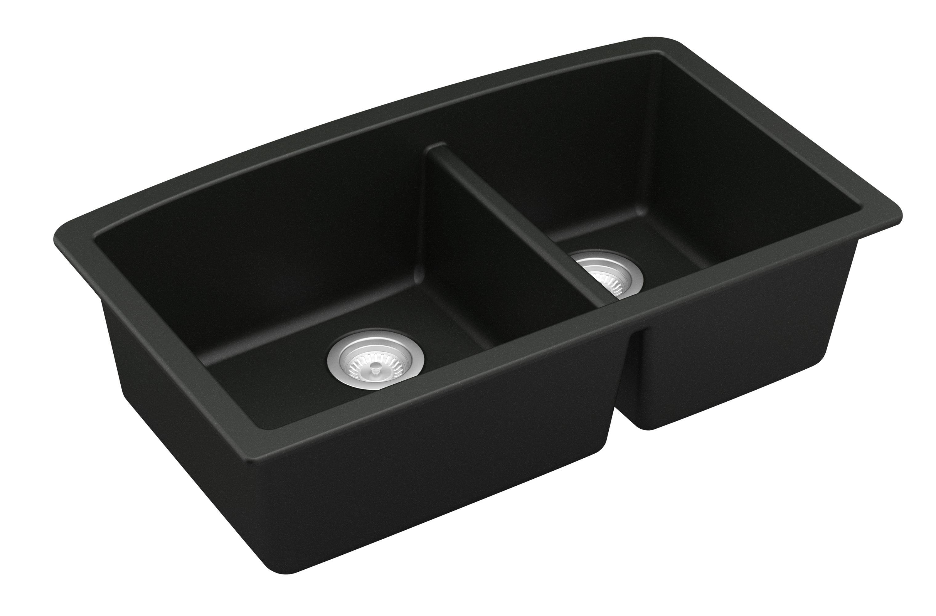 Karran 32" Undermount Quartz Composite Kitchen Sink, 60/40 Double Bowl, Black, QU-711-BL-PK1