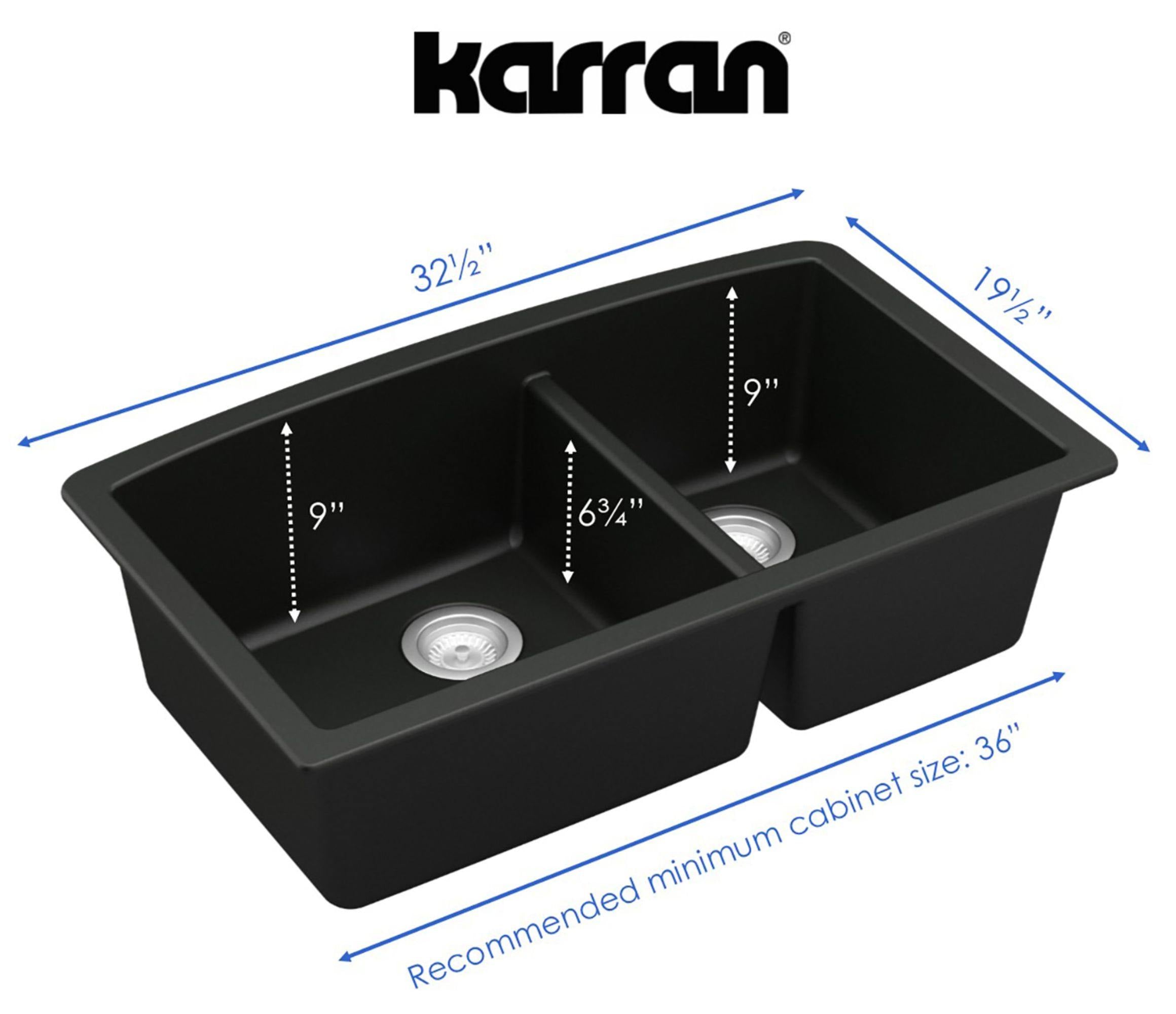 Karran 32" Undermount Quartz Composite Kitchen Sink, 60/40 Double Bowl, Black, QU-711-BL-PK1