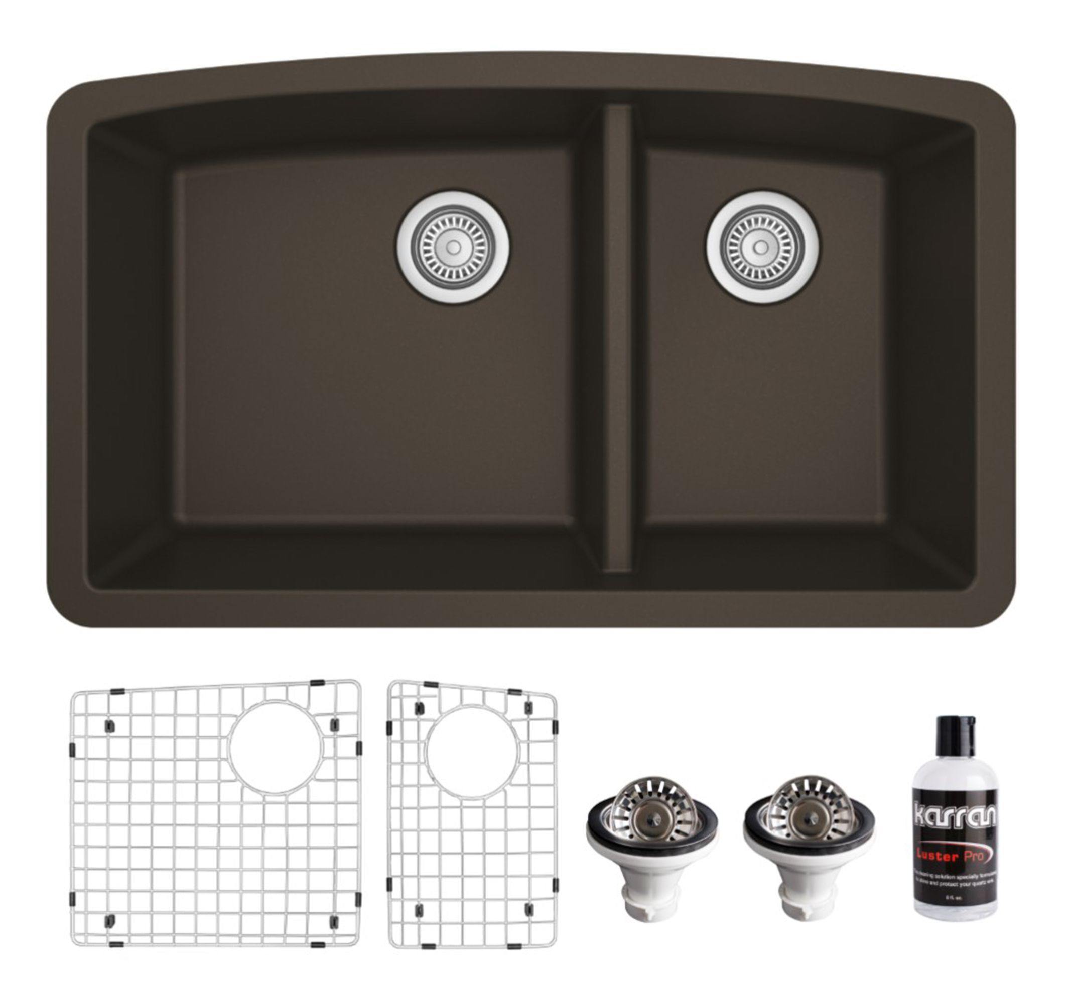 Karran 32" Undermount Quartz Composite Kitchen Sink, 60/40 Double Bowl, Brown, QU-711-BR-PK1