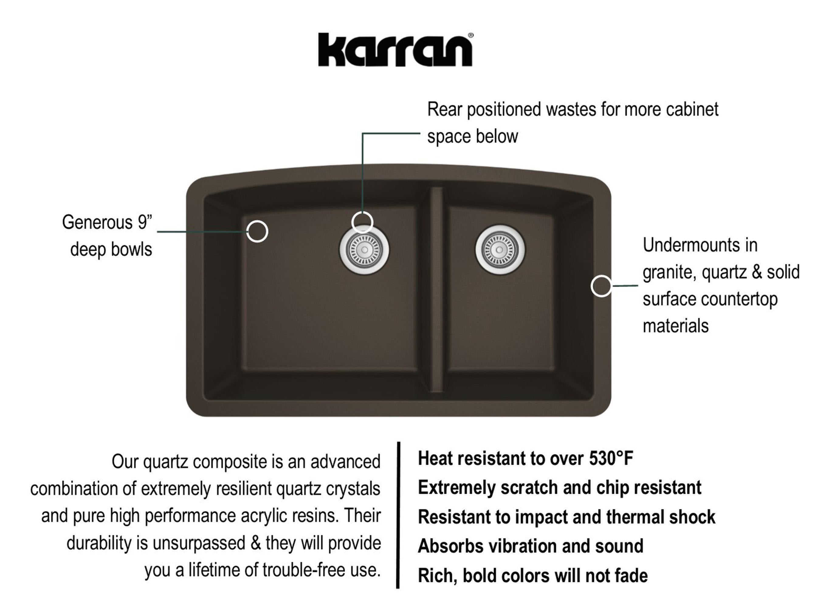 Karran 32" Undermount Quartz Composite Kitchen Sink, 60/40 Double Bowl, Brown, QU-711-BR-PK1