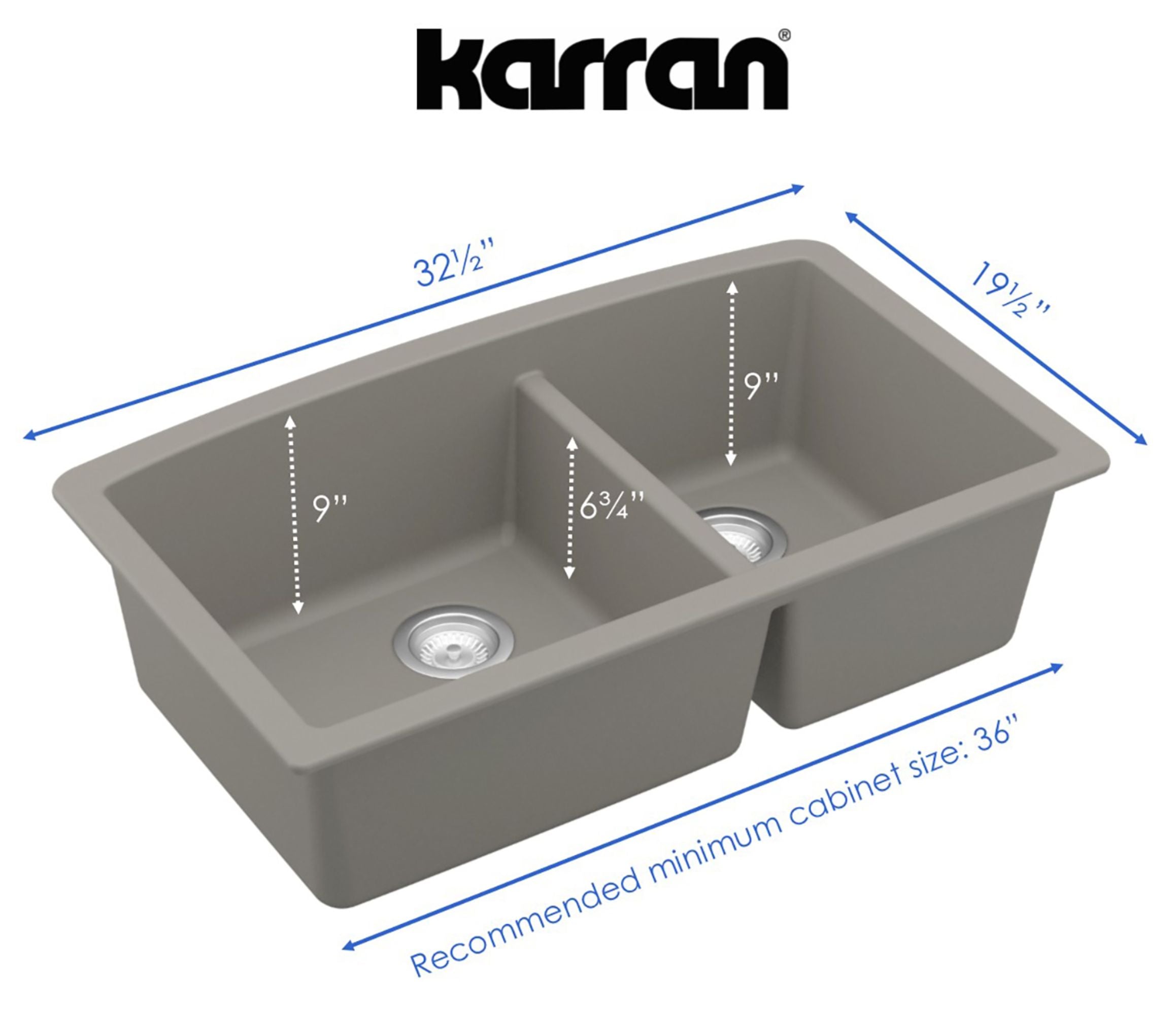 Karran 32" Undermount Quartz Composite Kitchen Sink, 60/40 Double Bowl, Concrete, QU-711-CN-PK1