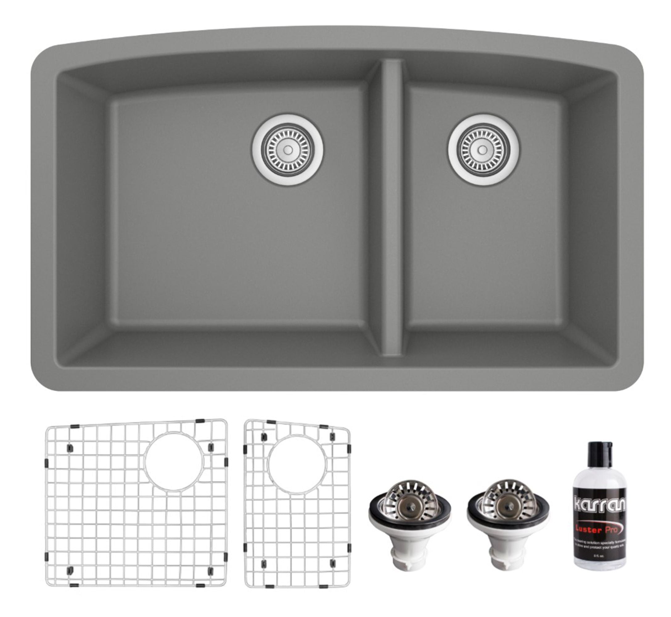 Karran 32" Undermount Quartz Composite Kitchen Sink, 60/40 Double Bowl, Grey, QU-711-GR-PK1