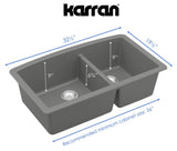 Karran 32" Undermount Quartz Composite Kitchen Sink, 60/40 Double Bowl, Grey, QU-711-GR-PK1
