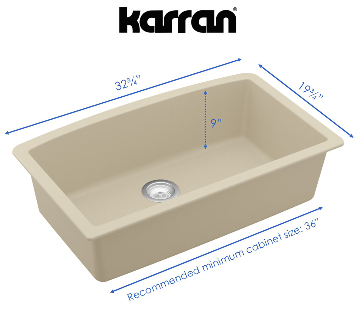 Karran 33" Undermount Quartz Composite Kitchen Sink, Bisque, QU-712-BI