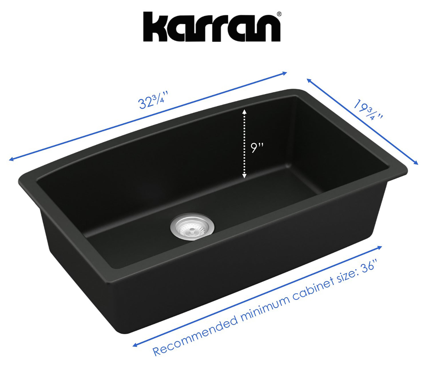 Karran 33" Undermount Quartz Composite Kitchen Sink, Black, QU-712-BL
