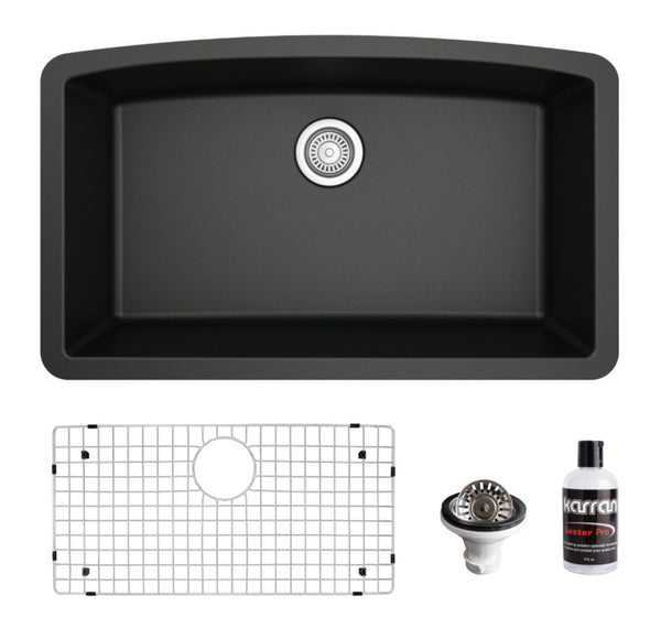 Karran 32" Undermount Quartz Composite Kitchen Sink, Black, QU-712-BL-PK1